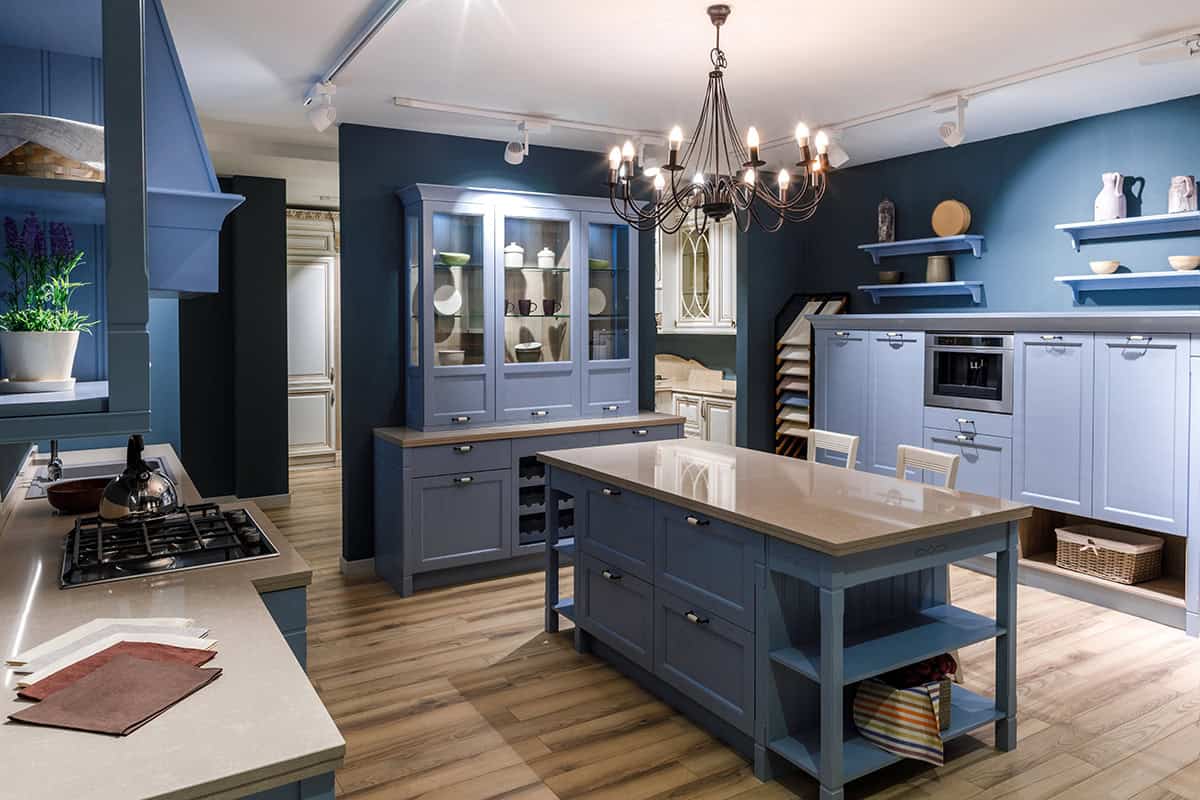 Modern Blue Kitchen with High Gloss Cabinets and Wooden Floors