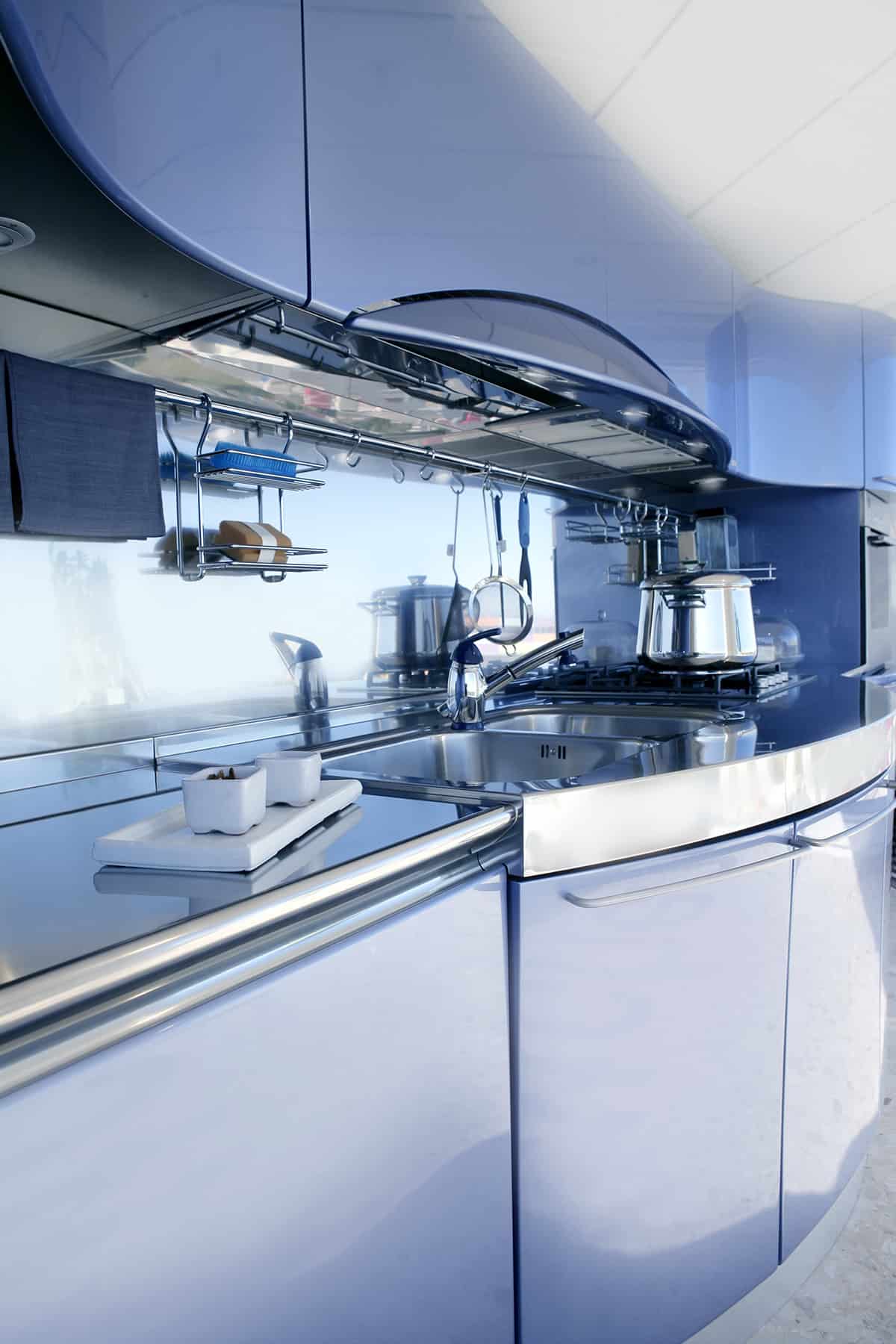 Modern Blue and Silver Kitchen with Sleek Finishes