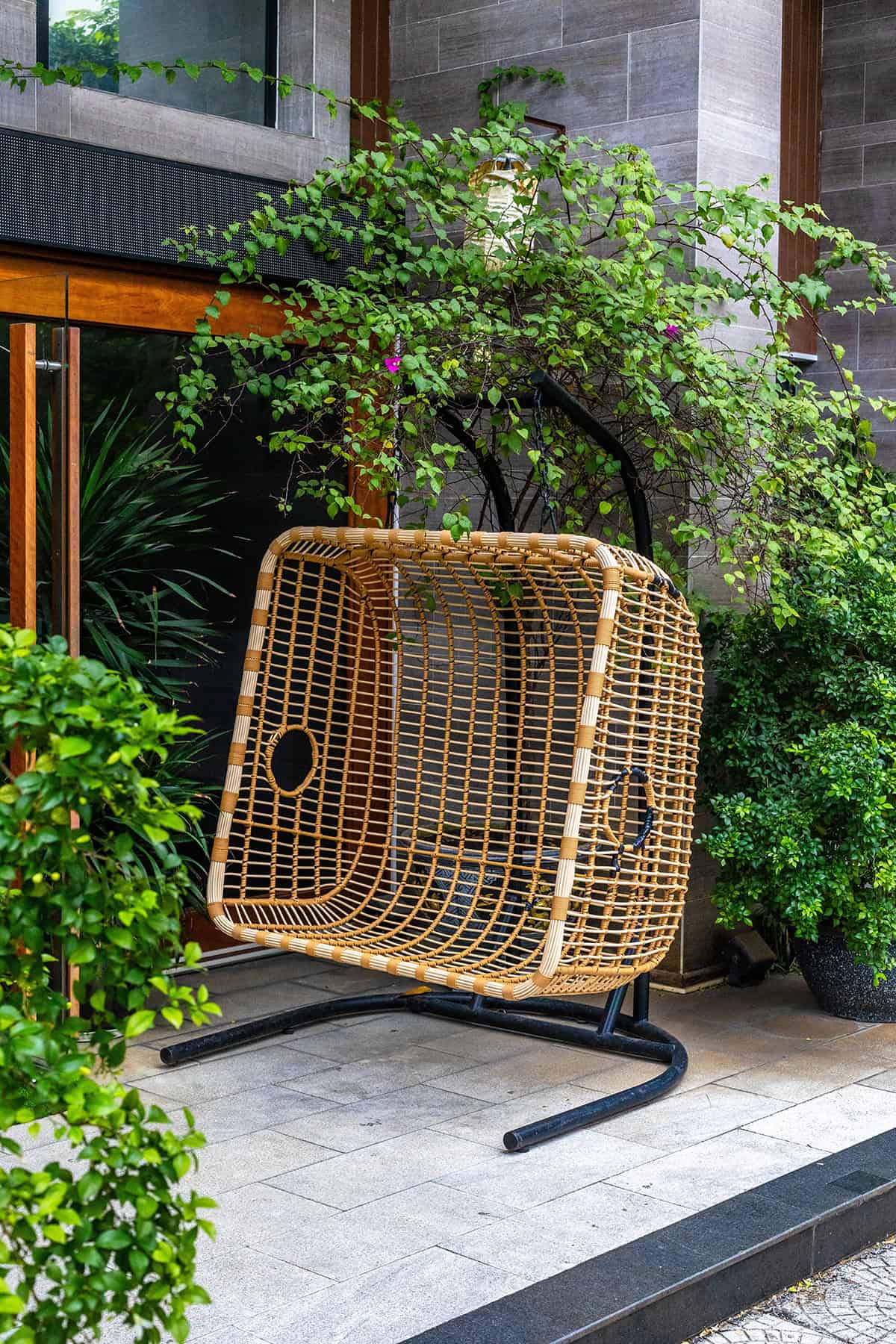 Modern Rattan Hanging Chair with Garden Surround