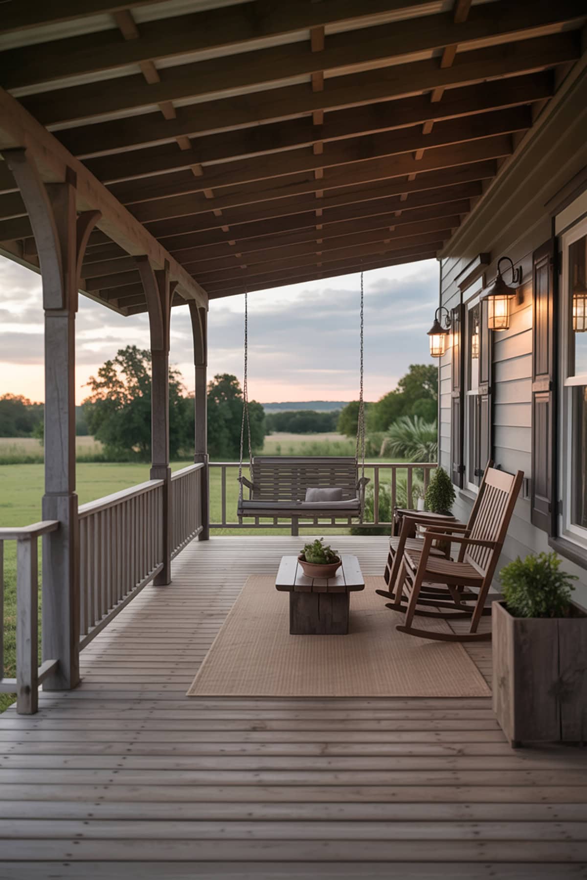 Rustic Covered Porch With Wooden Columns