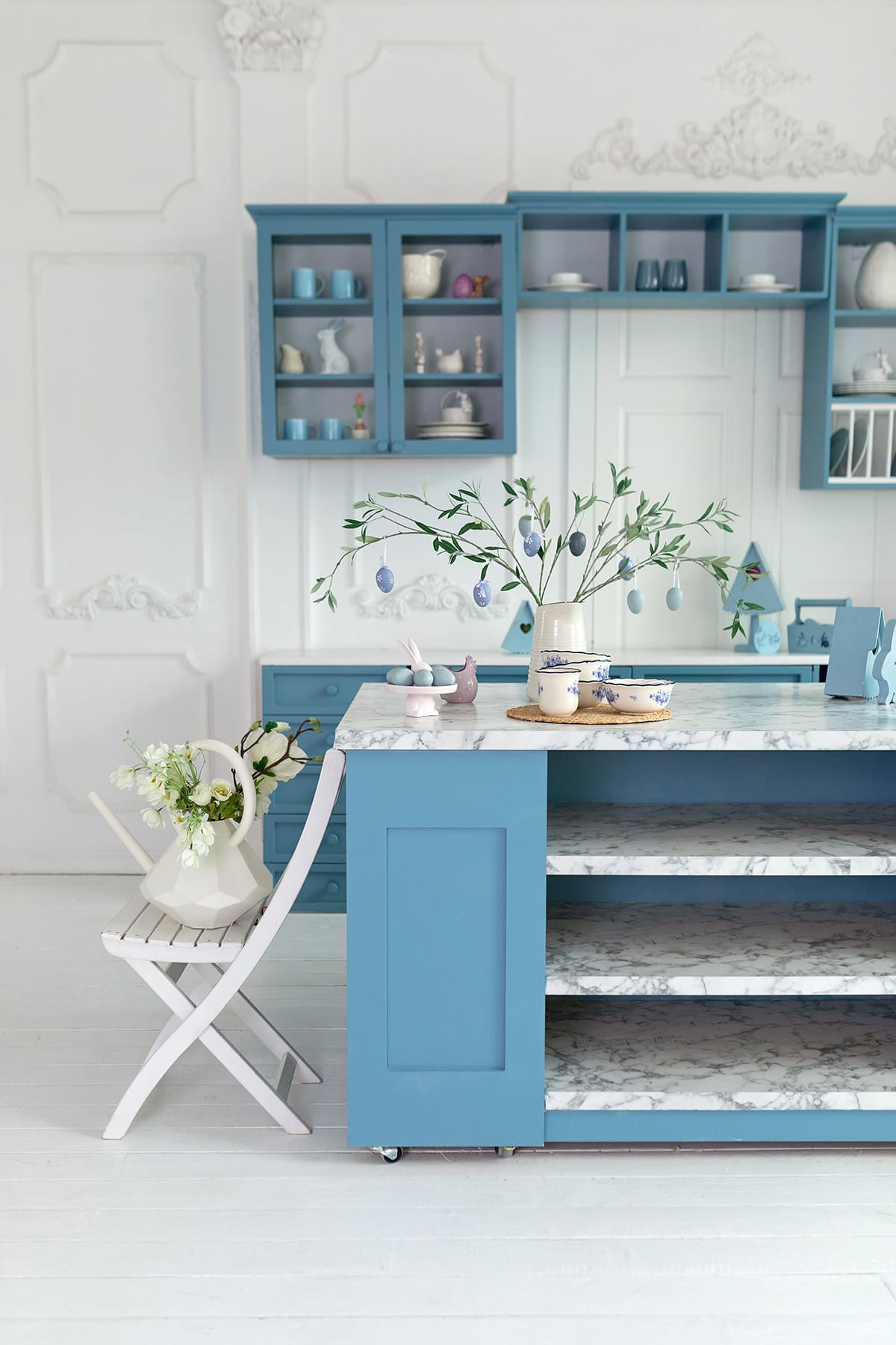 Seasonal Blue Kitchen Decor with Florals and Easter Accents