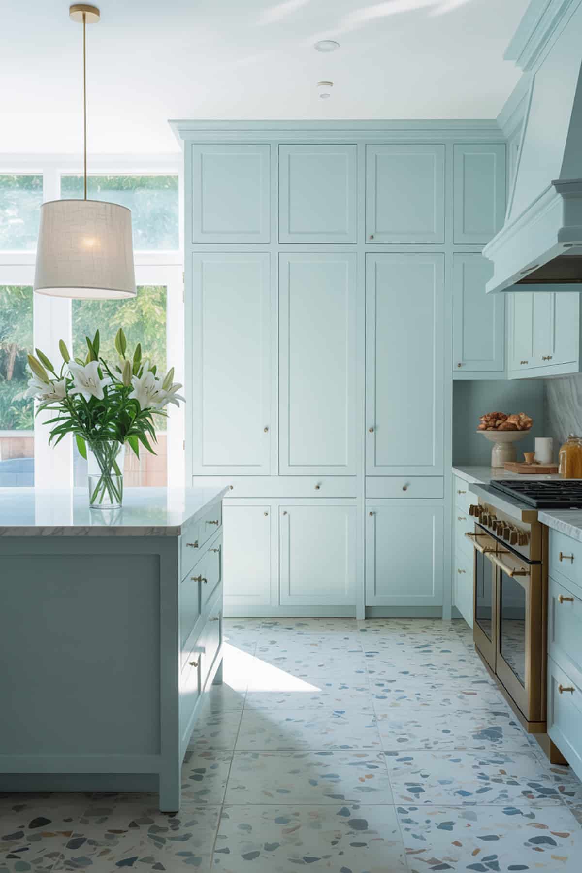 Sky Blue Kitchen Paired With Terrazzo Flooring