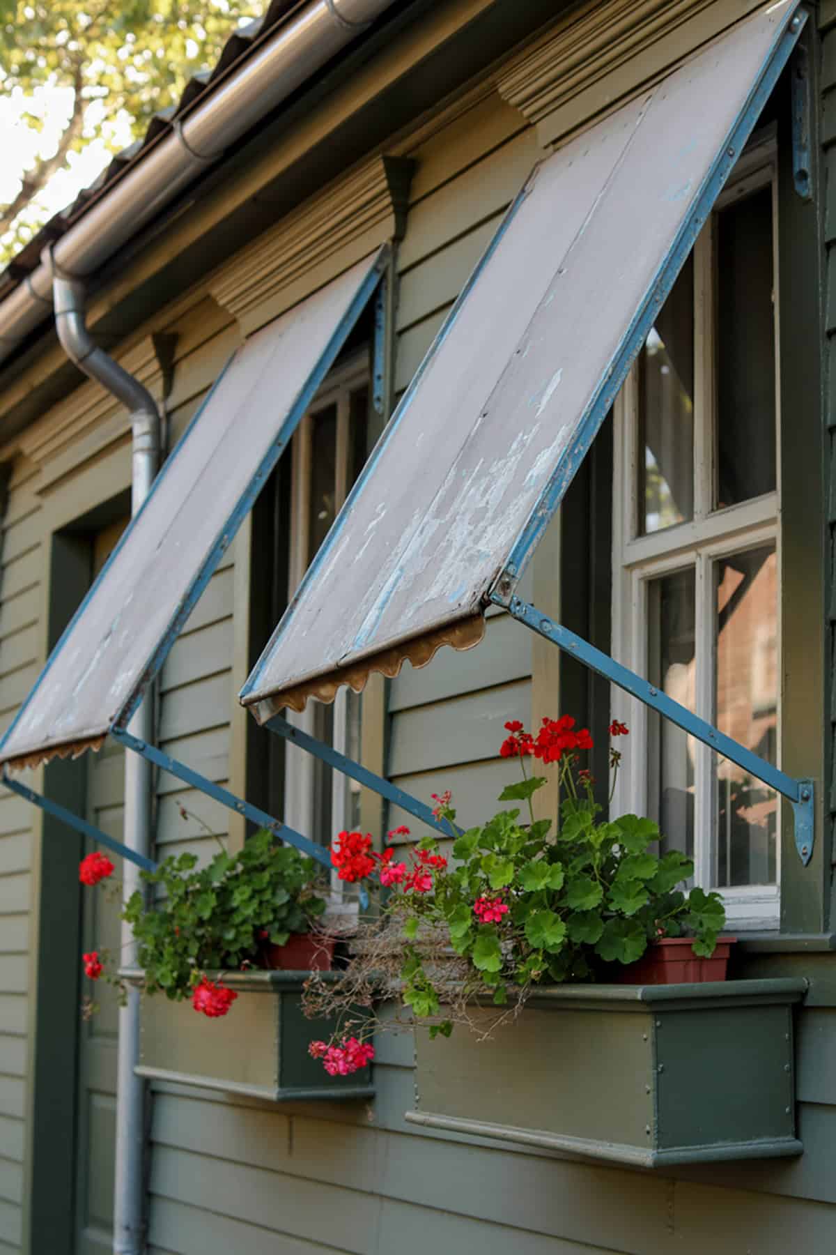 Tin Awnings and Window Flower Boxes