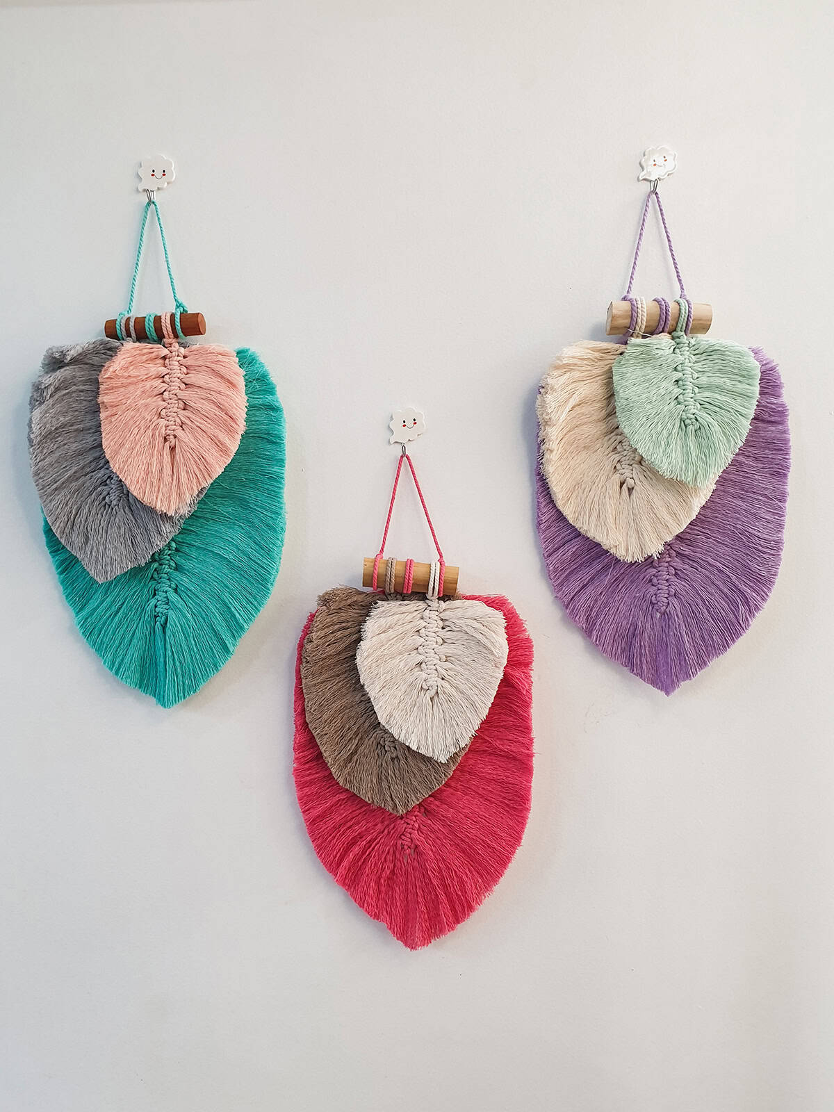Triple Macrame Leaf Clusters with Bamboo Rods
