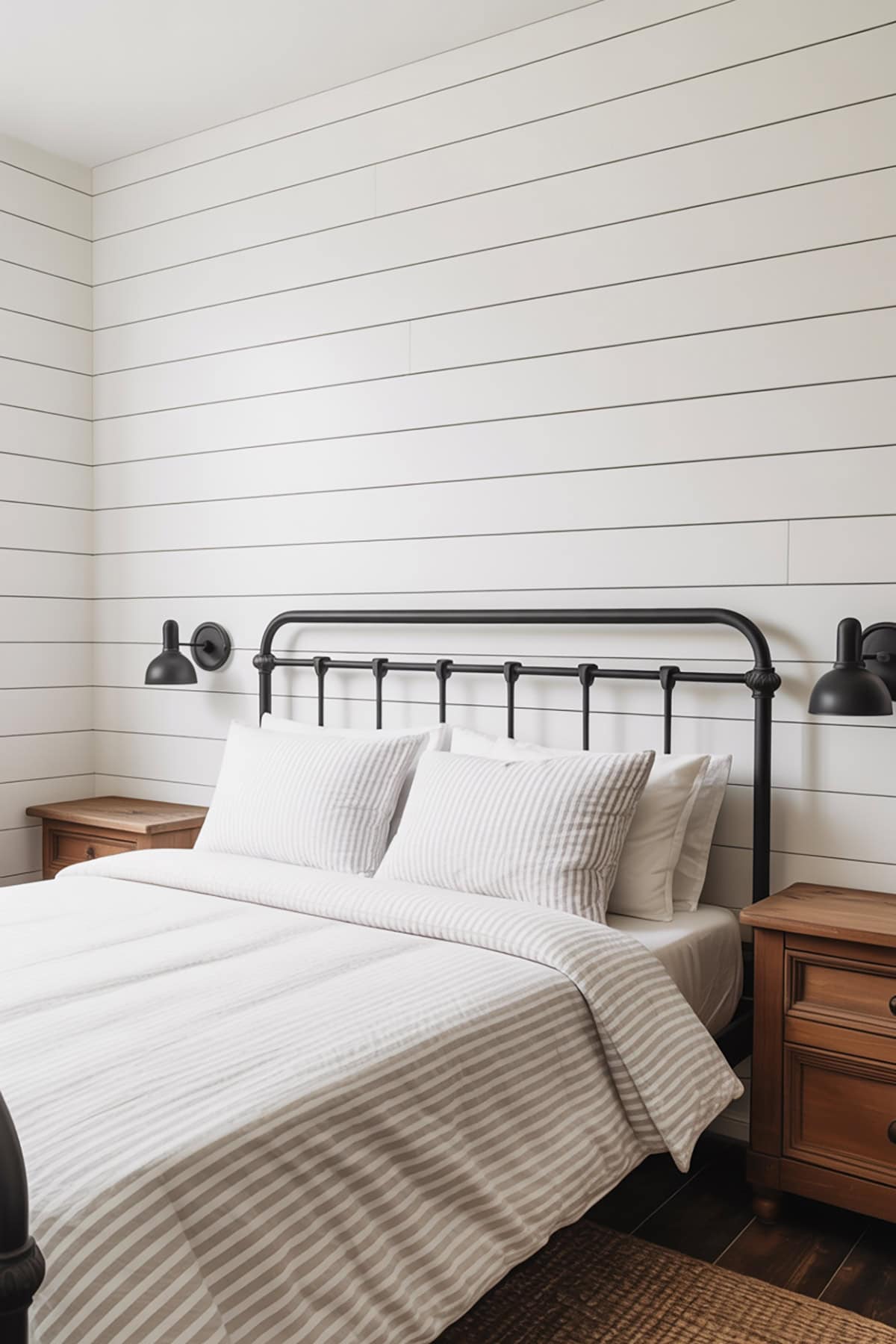 White Shiplap Walls with Black Iron Bed Frame