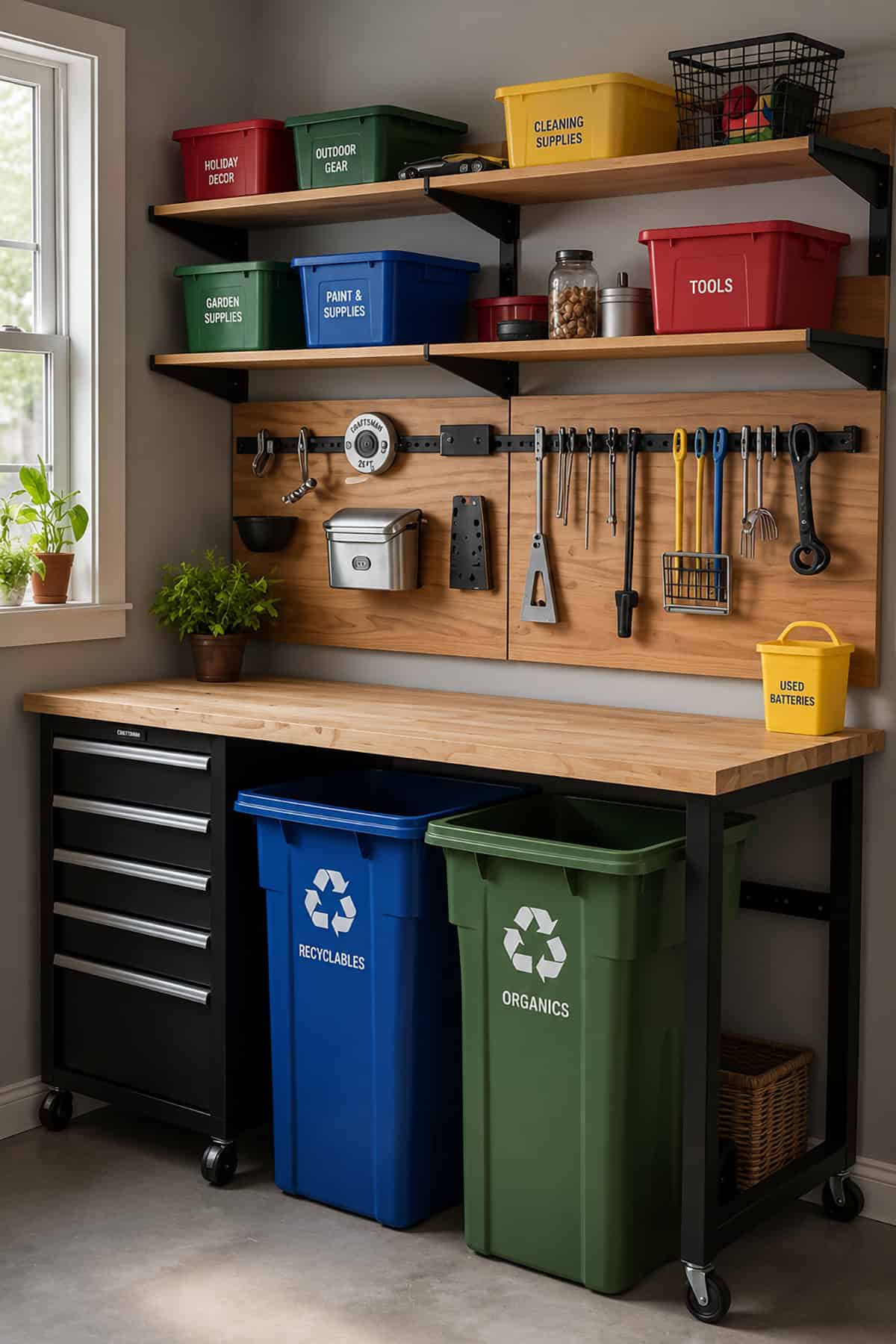 Workbench With Built In Trash and Recycling Center