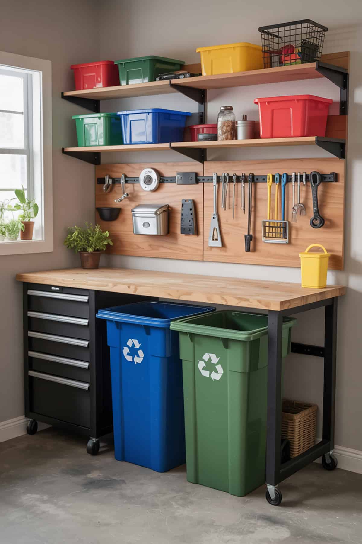 Workbench with Built In Trash and Recycling Center