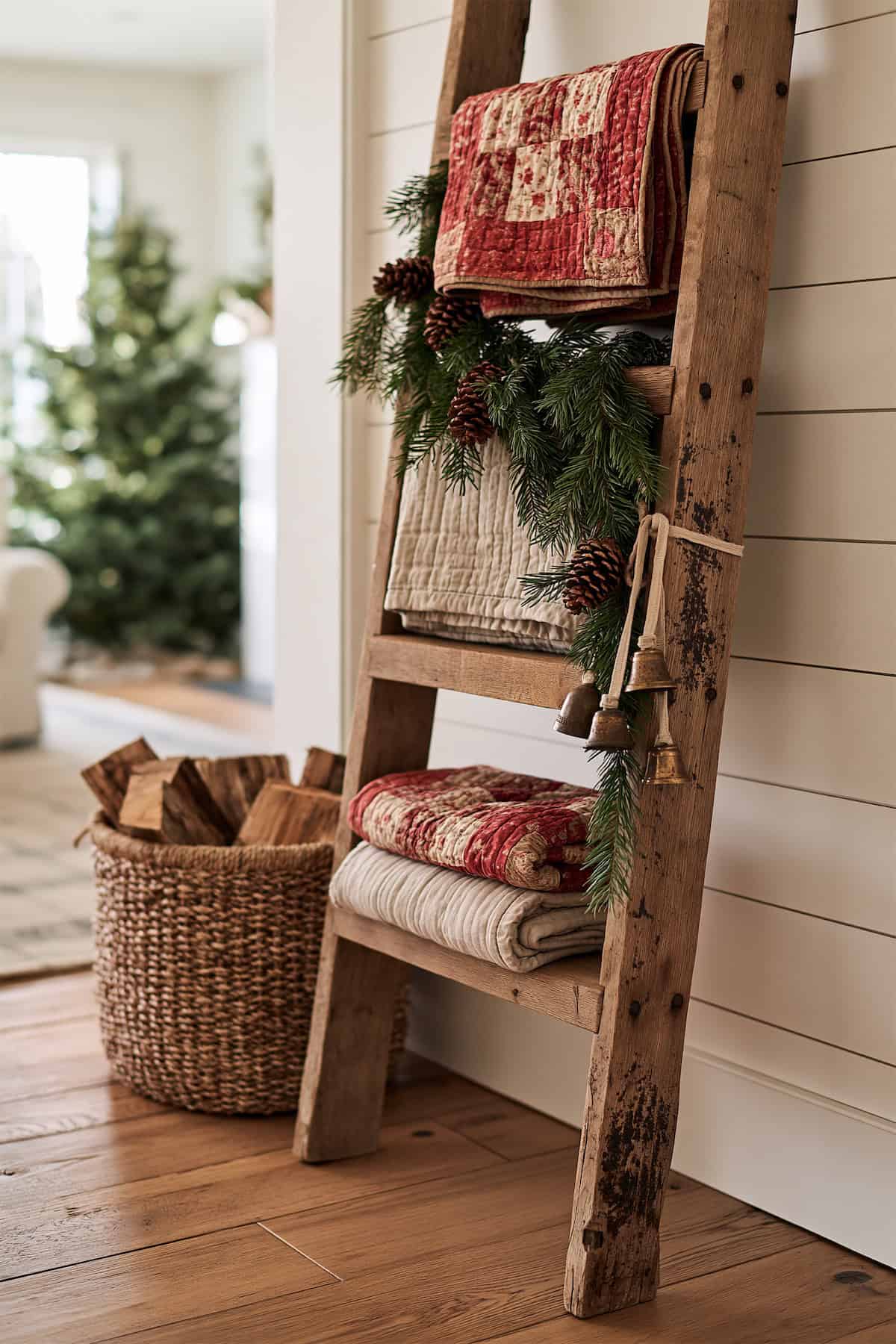 Antique Ladder with Christmas Quilts and Greenery