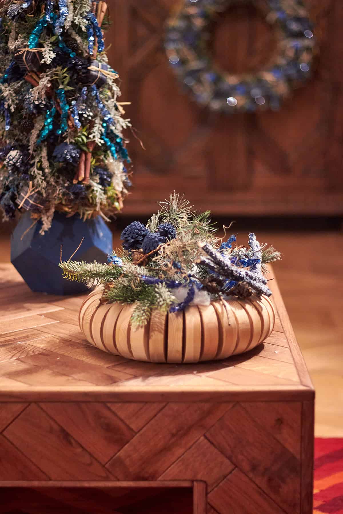 Blue and Evergreen Table Arrangement