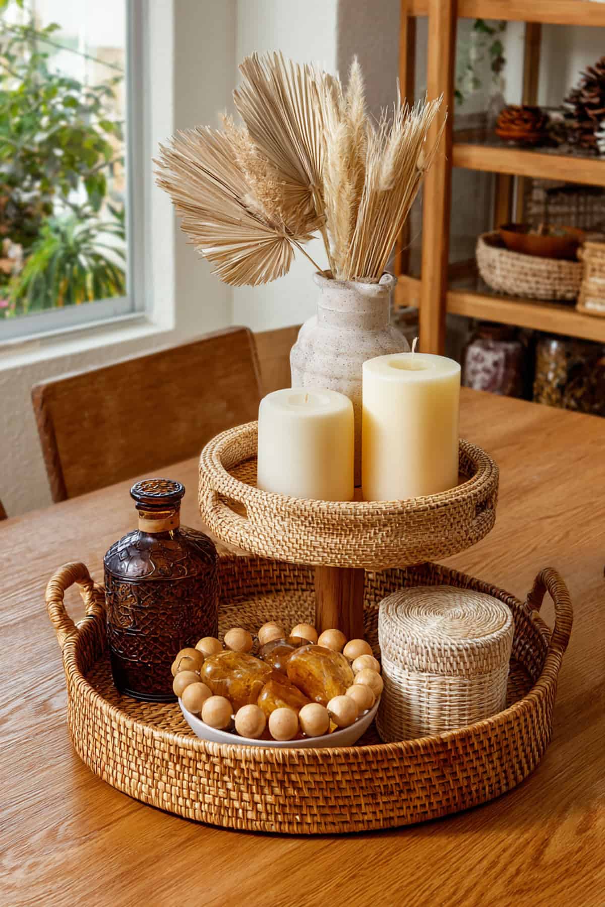 Boho Rattan Style Tiered Tray Decor