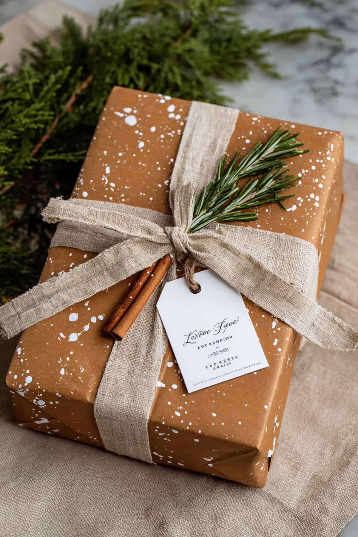 Brown Paper with White Speckles and Linen Ribbon