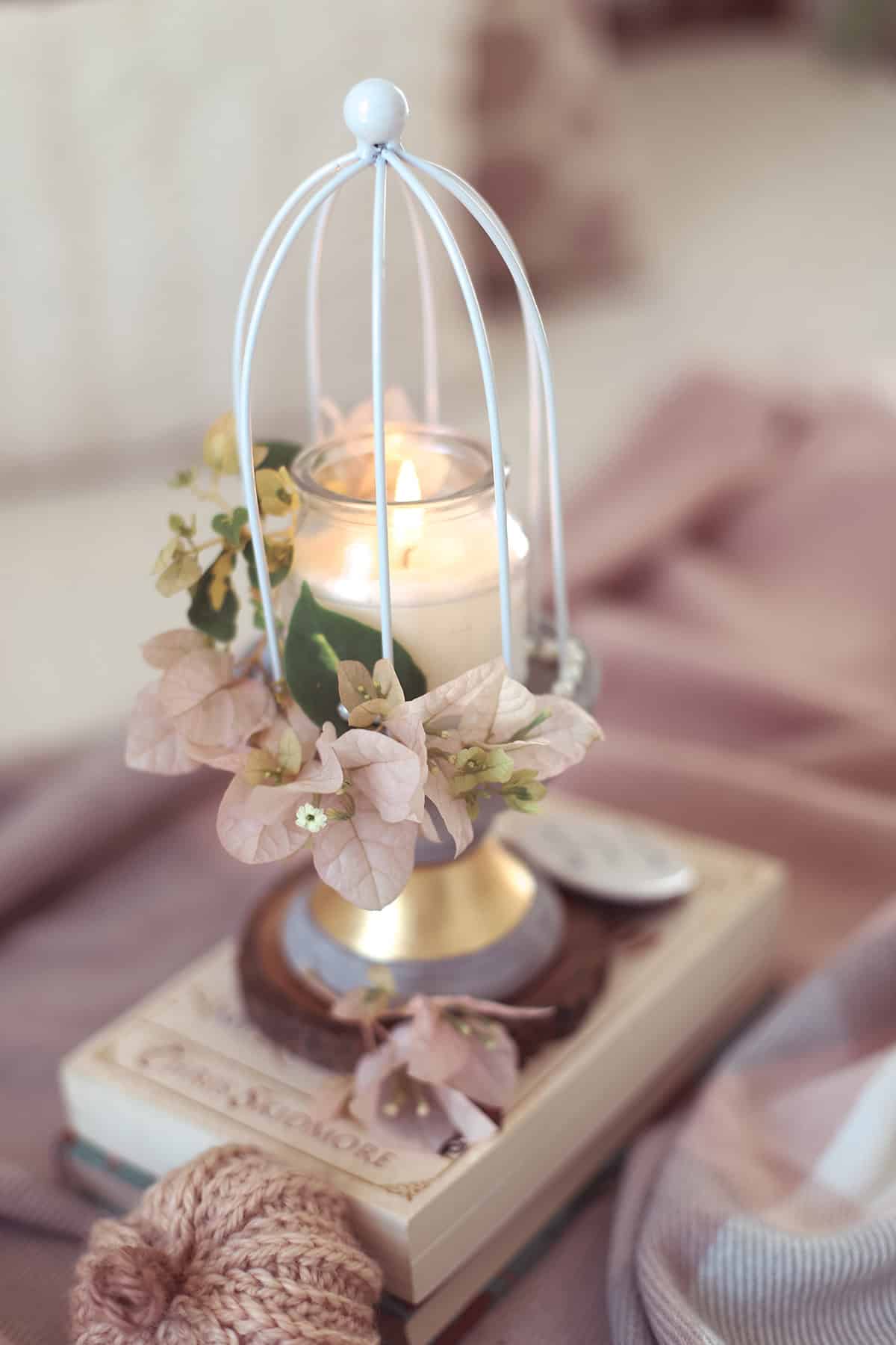 Candle in Birdcage with Soft Florals
