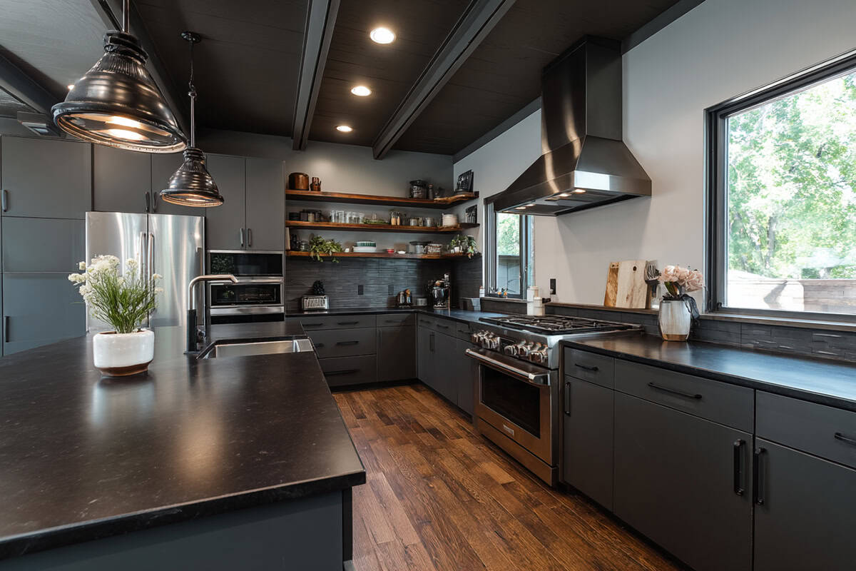 Charcoal Gray Cabinets with Brushed Steel Accents