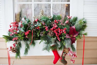 Christmas decorations on window sill