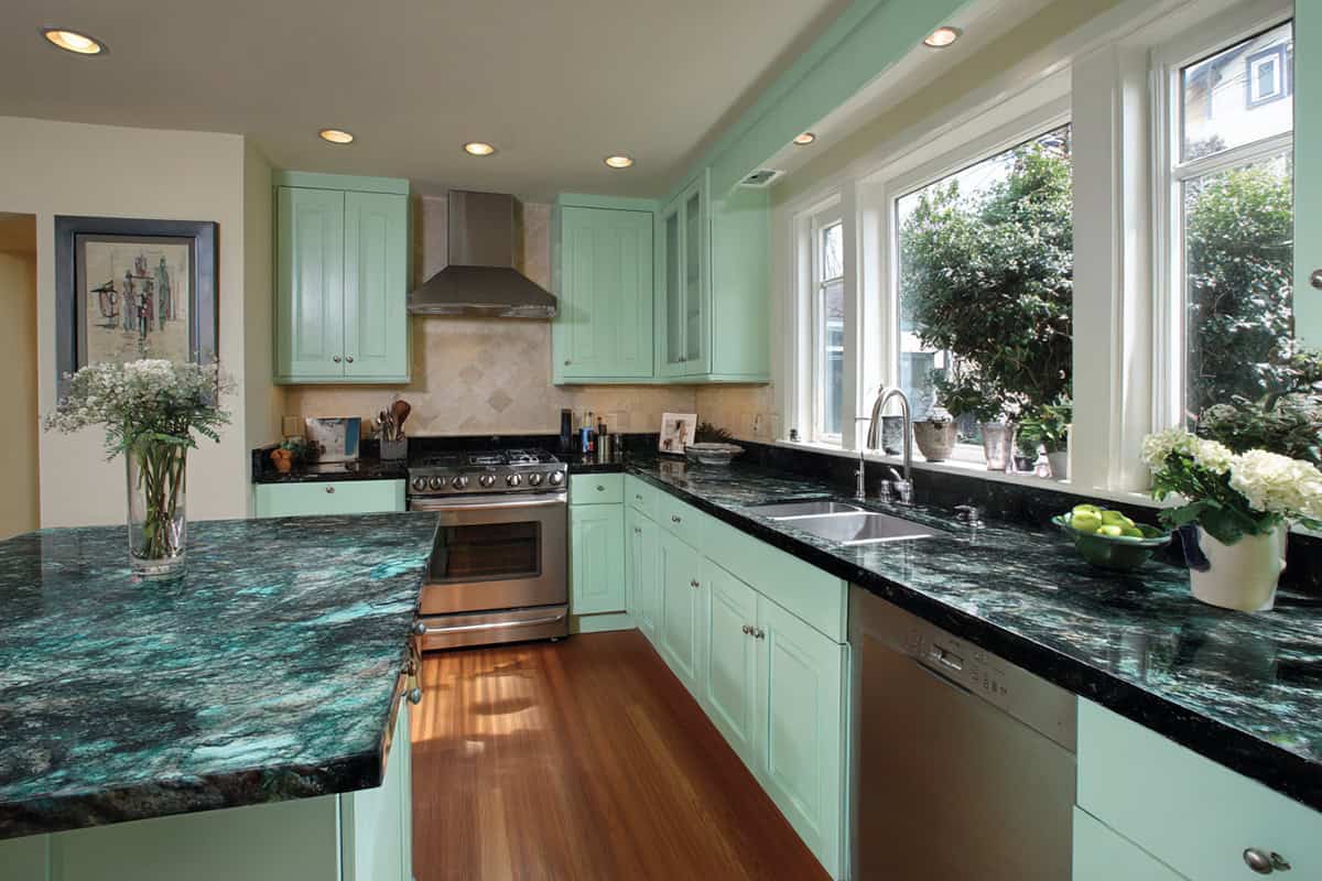 Cool Mint Green Cabinets and Chrome Fixtures
