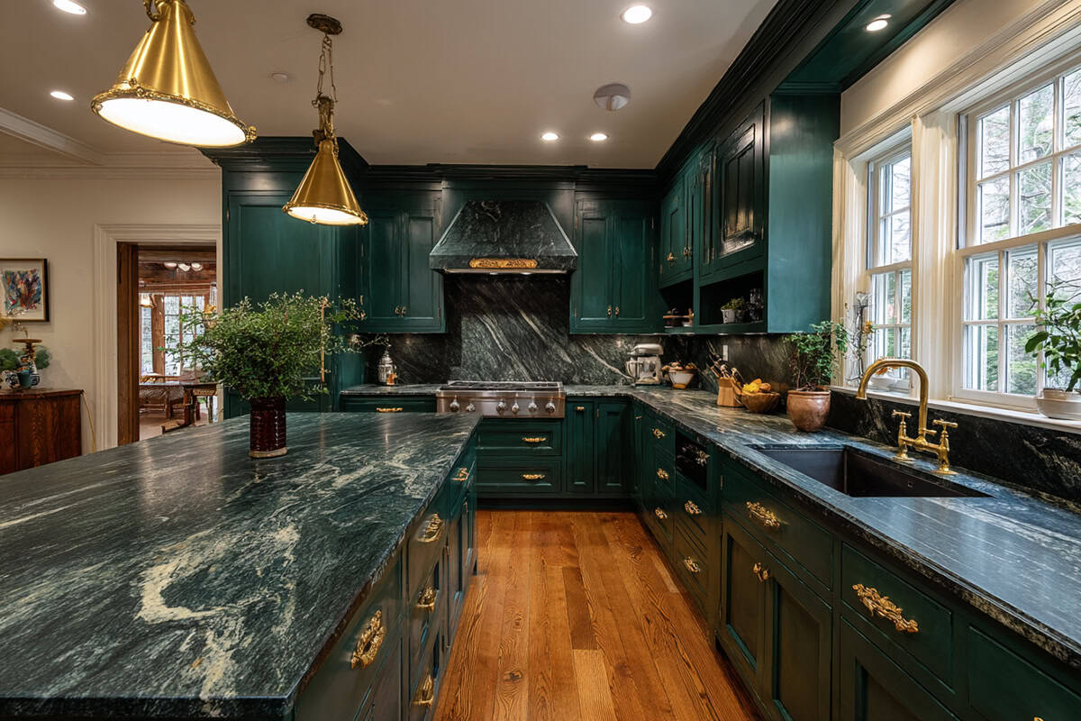 Deep Forest Green Cabinets and Brass Fixtures