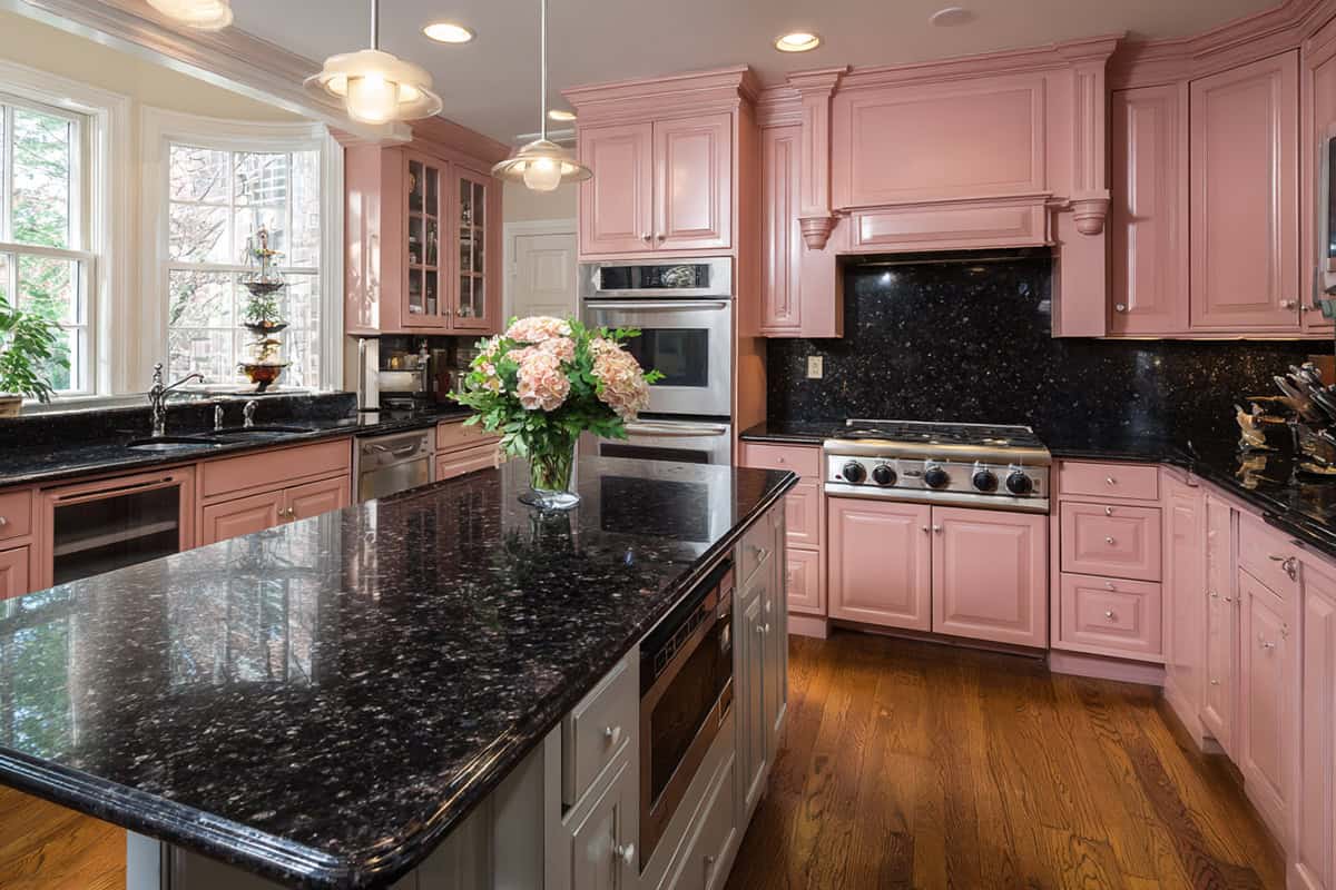 Dusty Rose Walls and Light Gray Cabinets