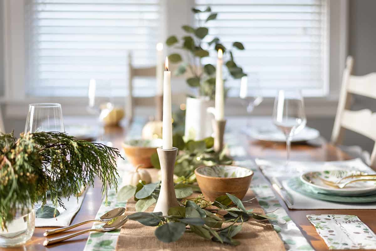 Farmhouse Dining Table with Greenery and Candles