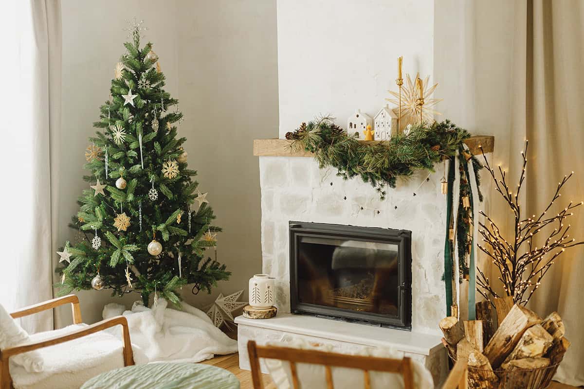 Fireplace Mantel and Tree in Harmonious Balance