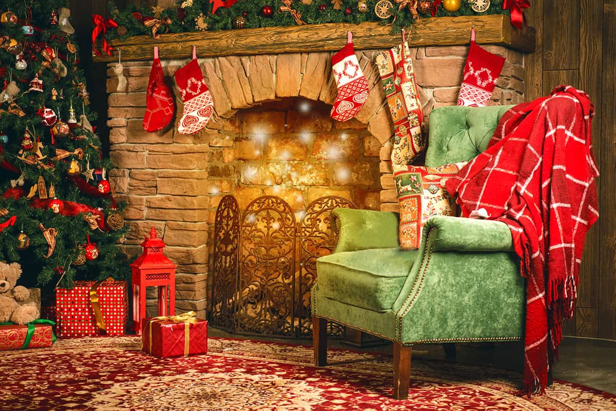 Fireplace with Stockings and Green Chair