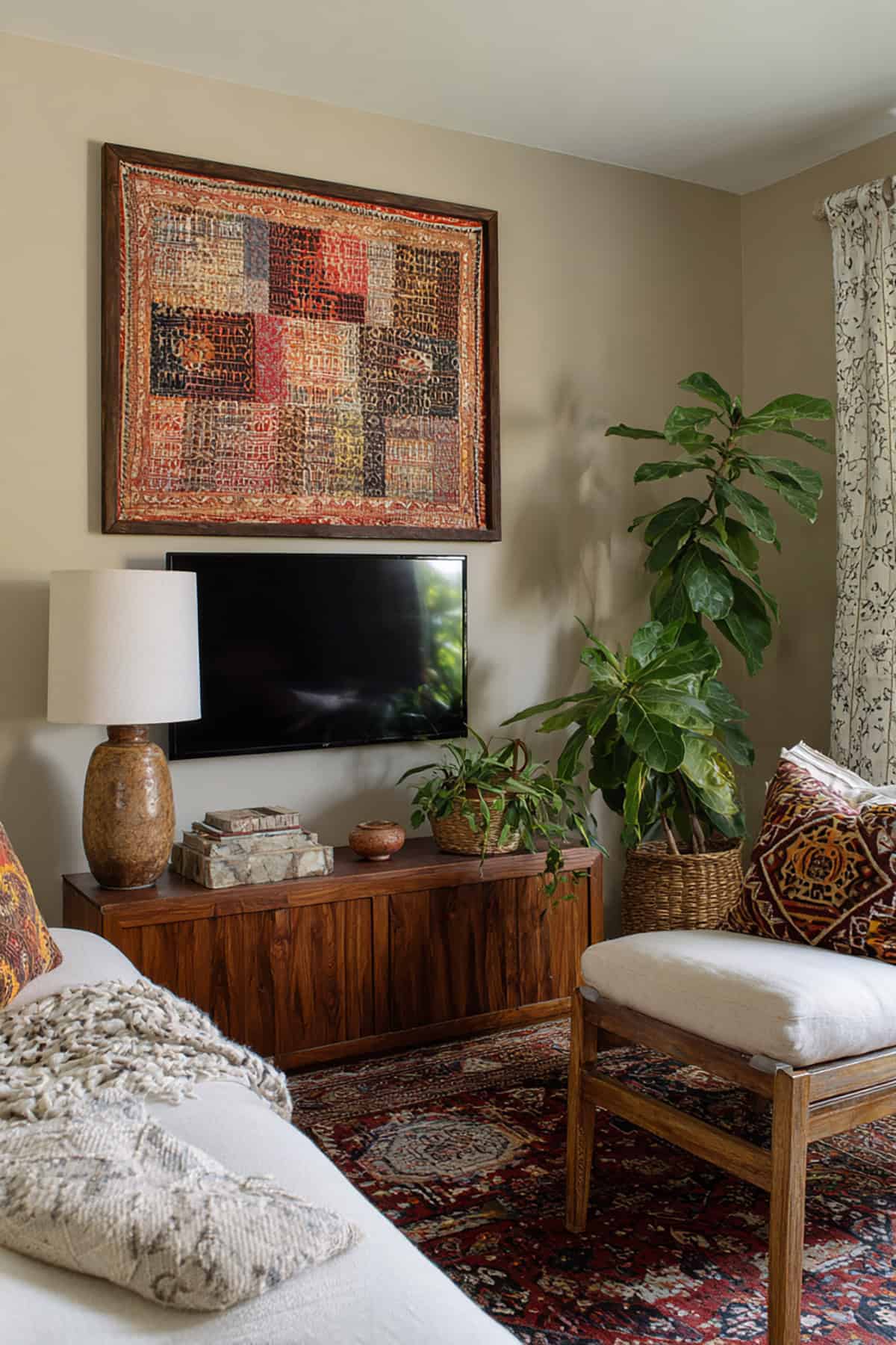 Framed Textile as a Focal Point Above the TV