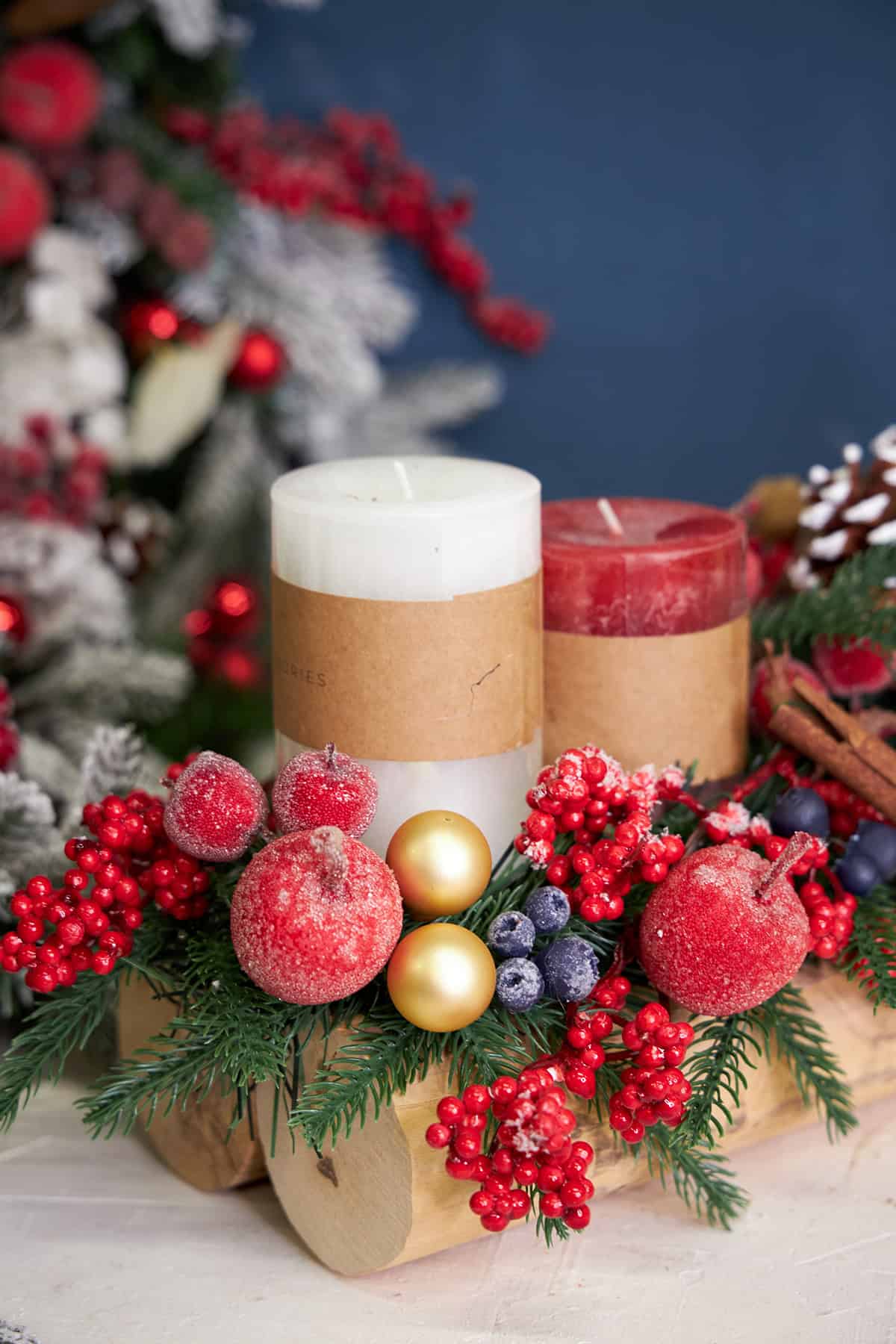 Frosted Fruit and Candle Log Display
