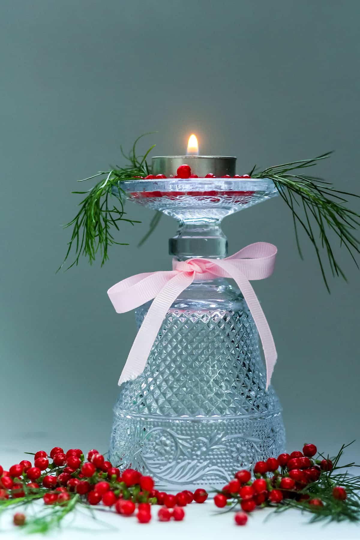 Glass Candle Stand with Pink Ribbon