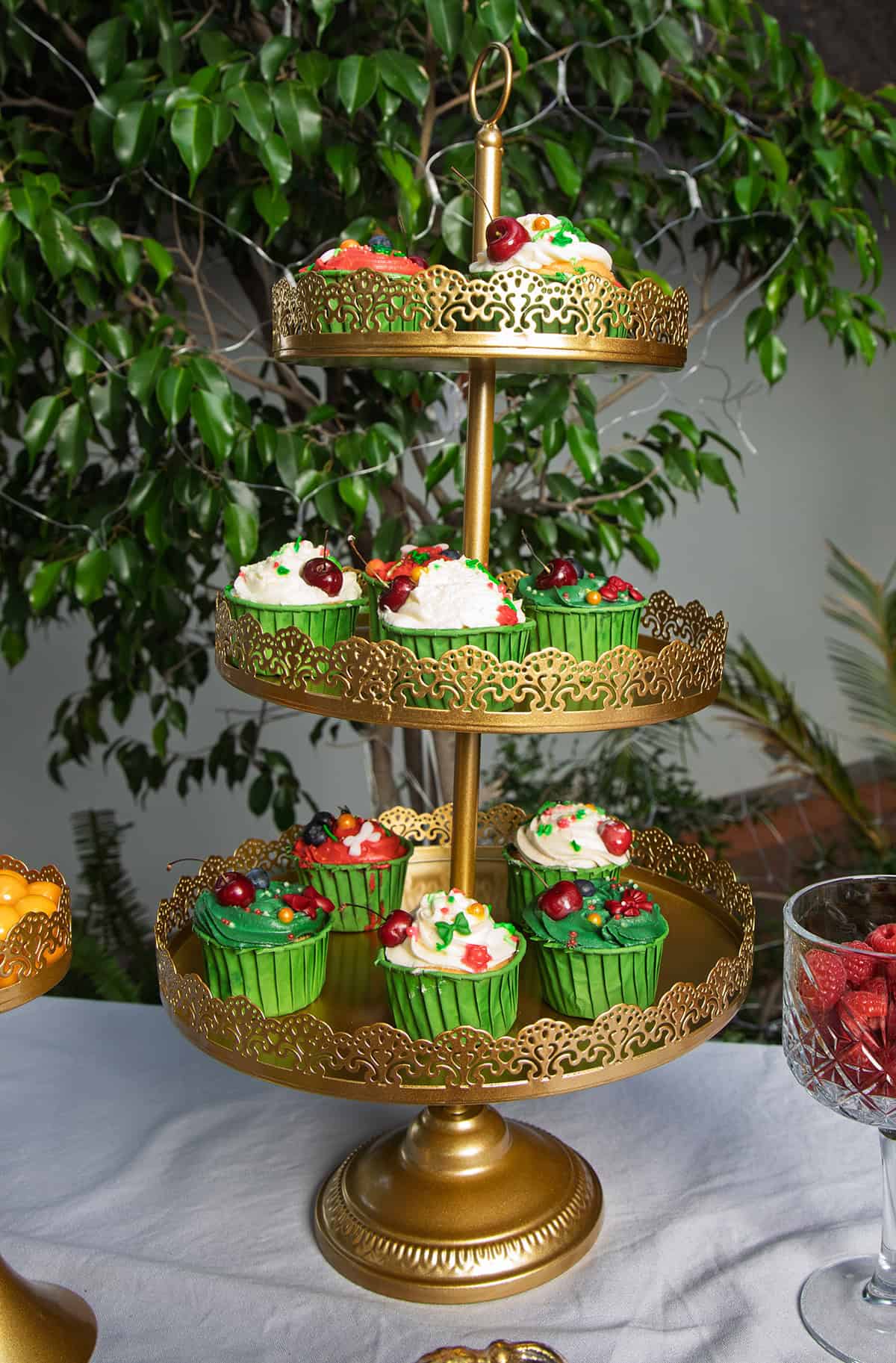Gold Dessert Stand with Holiday Cupcakes