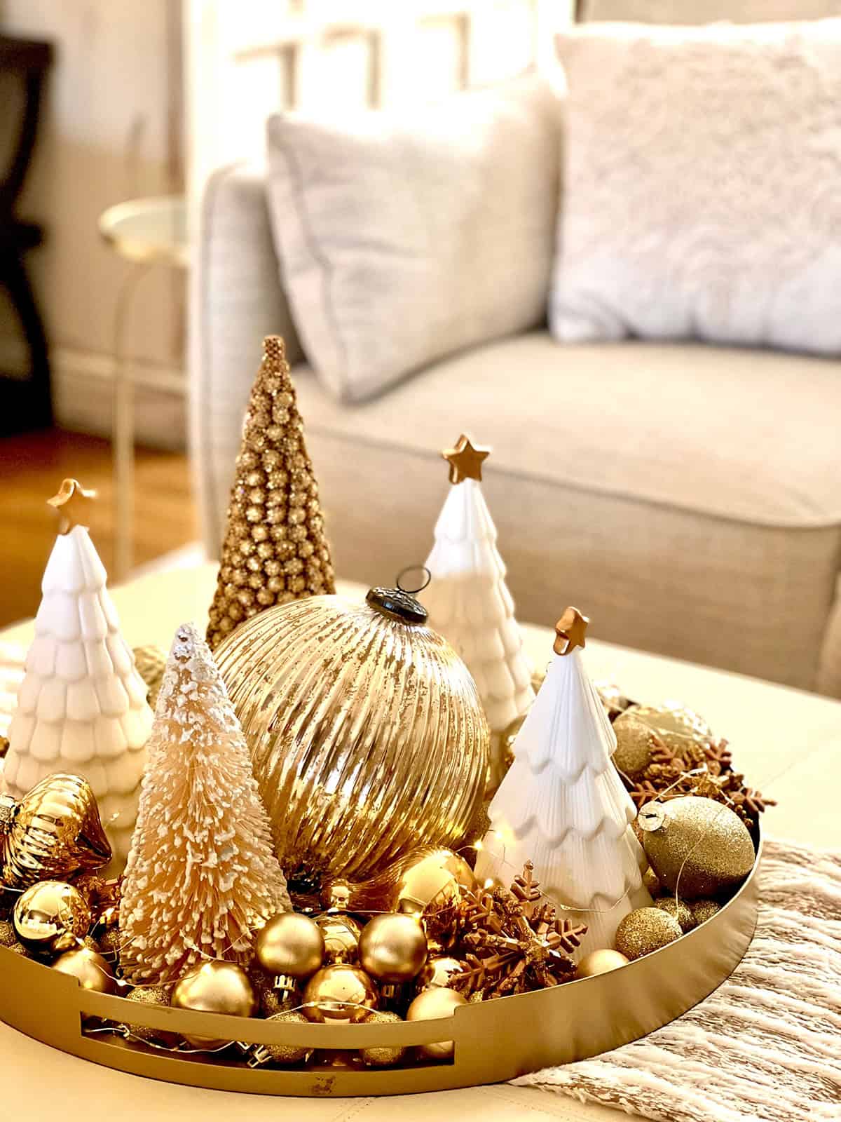 Gold and White Holiday Tray Display