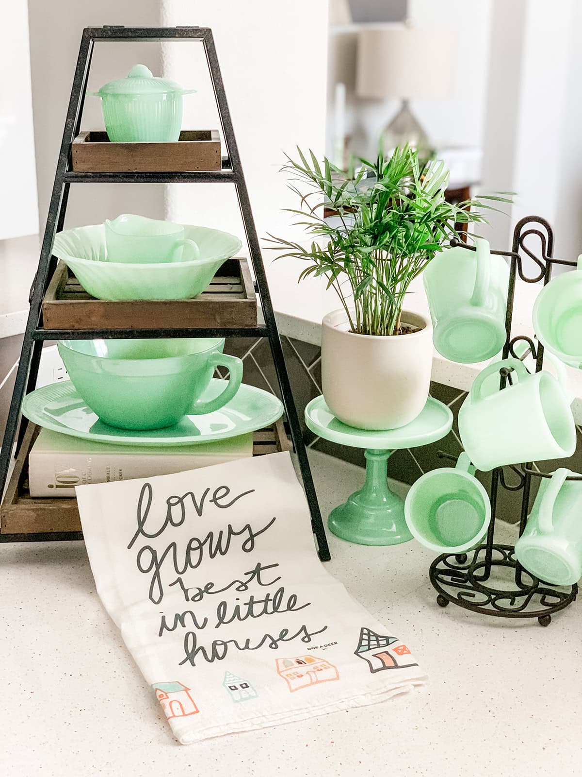 Jadeite Kitchen Display with Cozy Farmhouse Charm