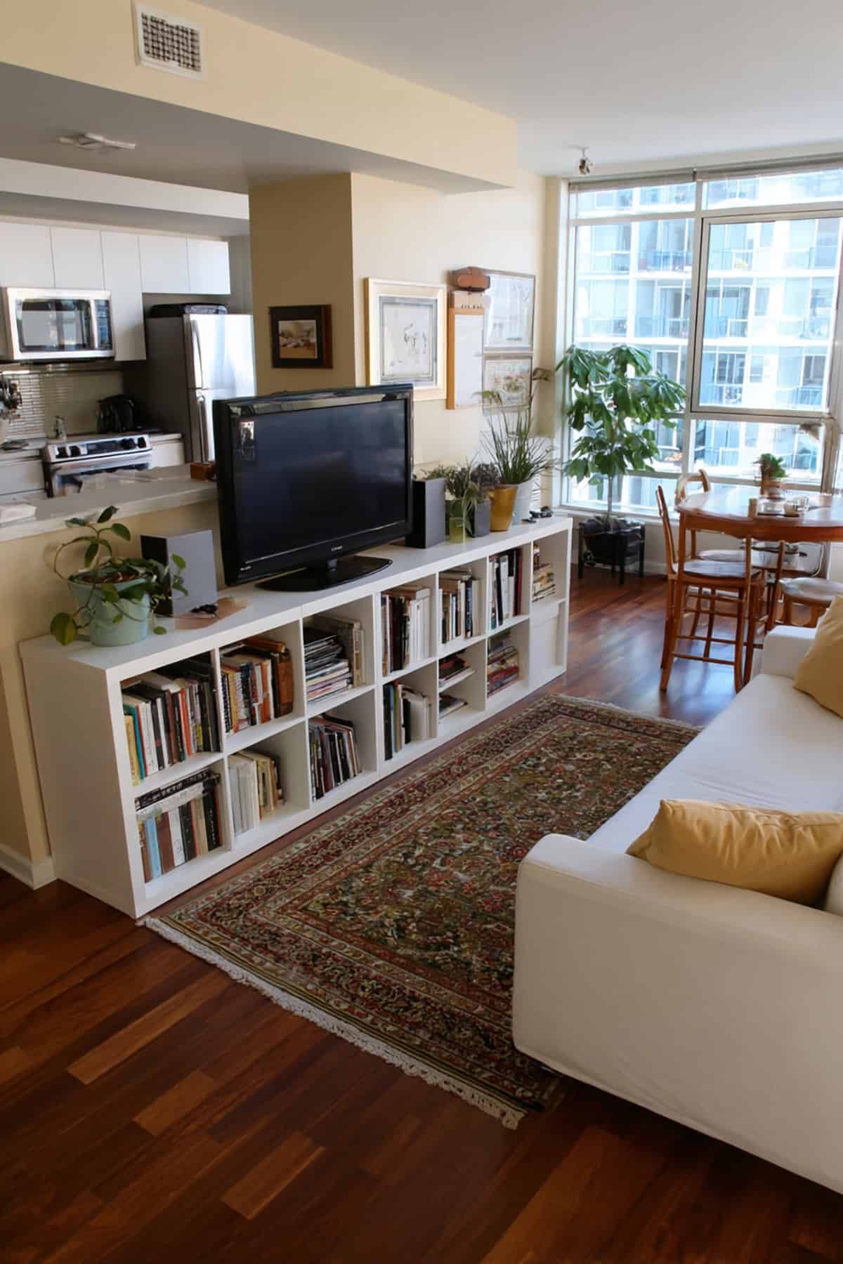 Low Bookshelf as TV Stand and Divider