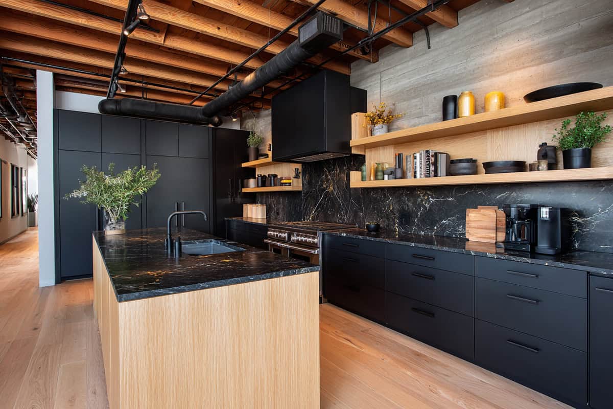 Matte Black Cabinets with Light Wood Accents