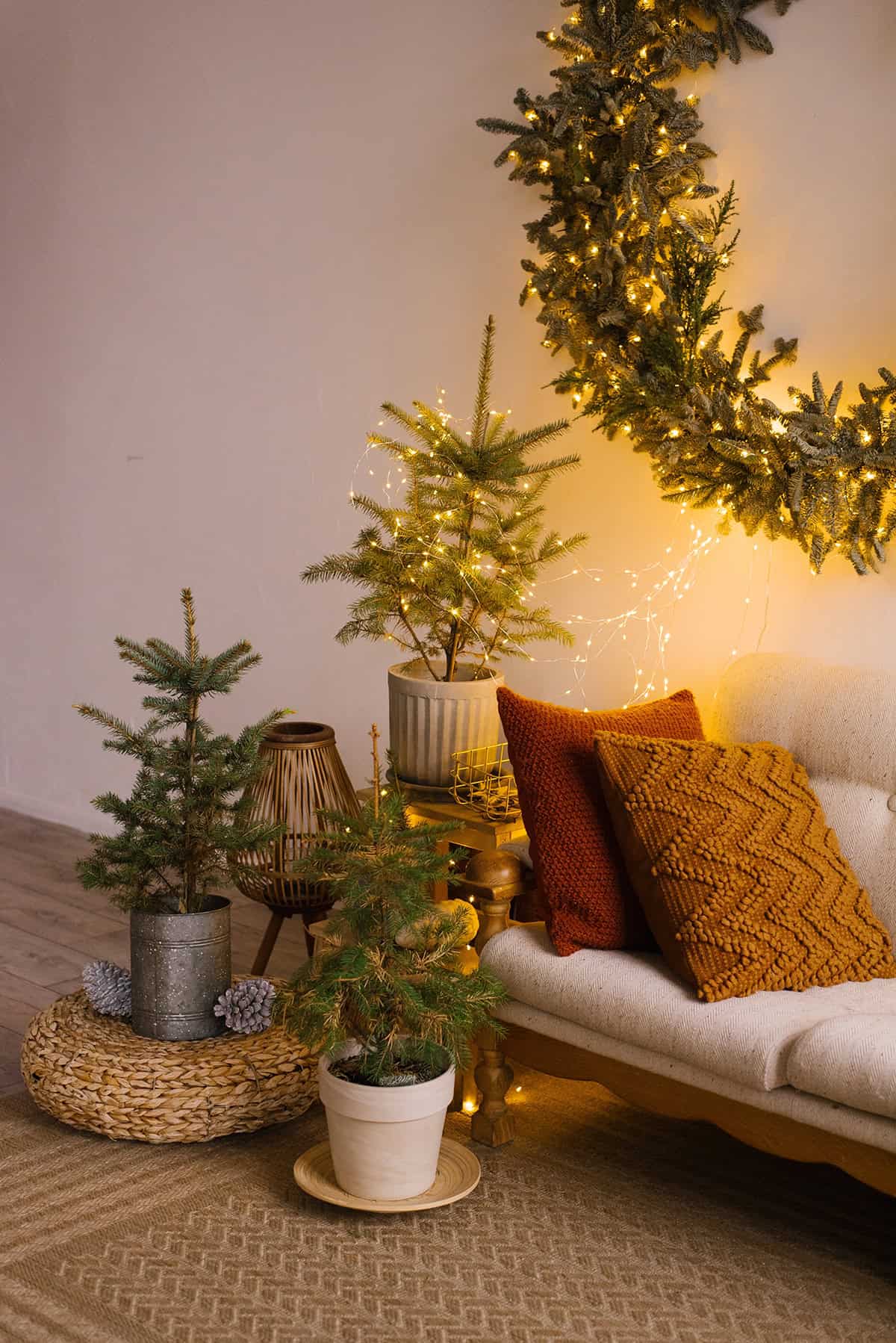 Miniature Christmas Trees in a Farmhouse Living Room