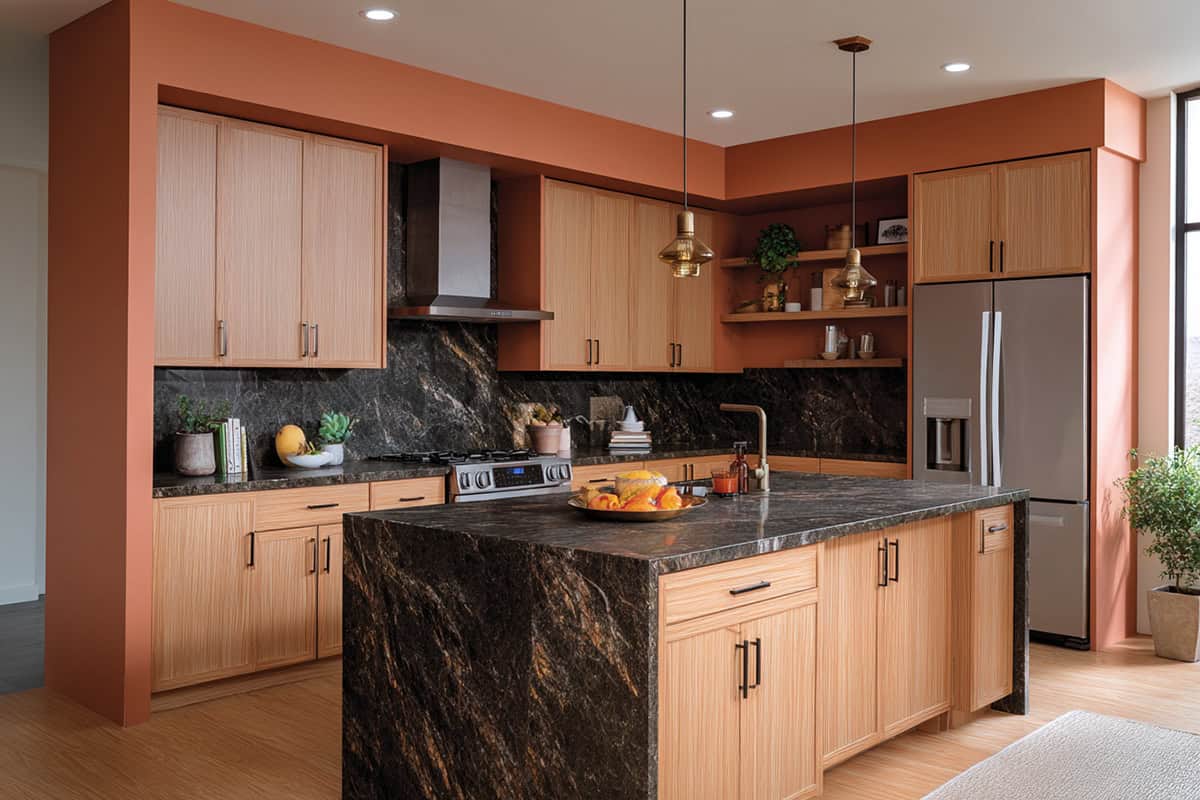 Muted Terracotta Walls and White Oak Cabinets