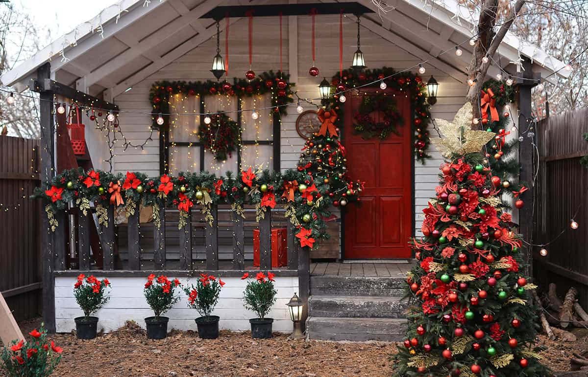 Porch with Red Garland and Poinsettias