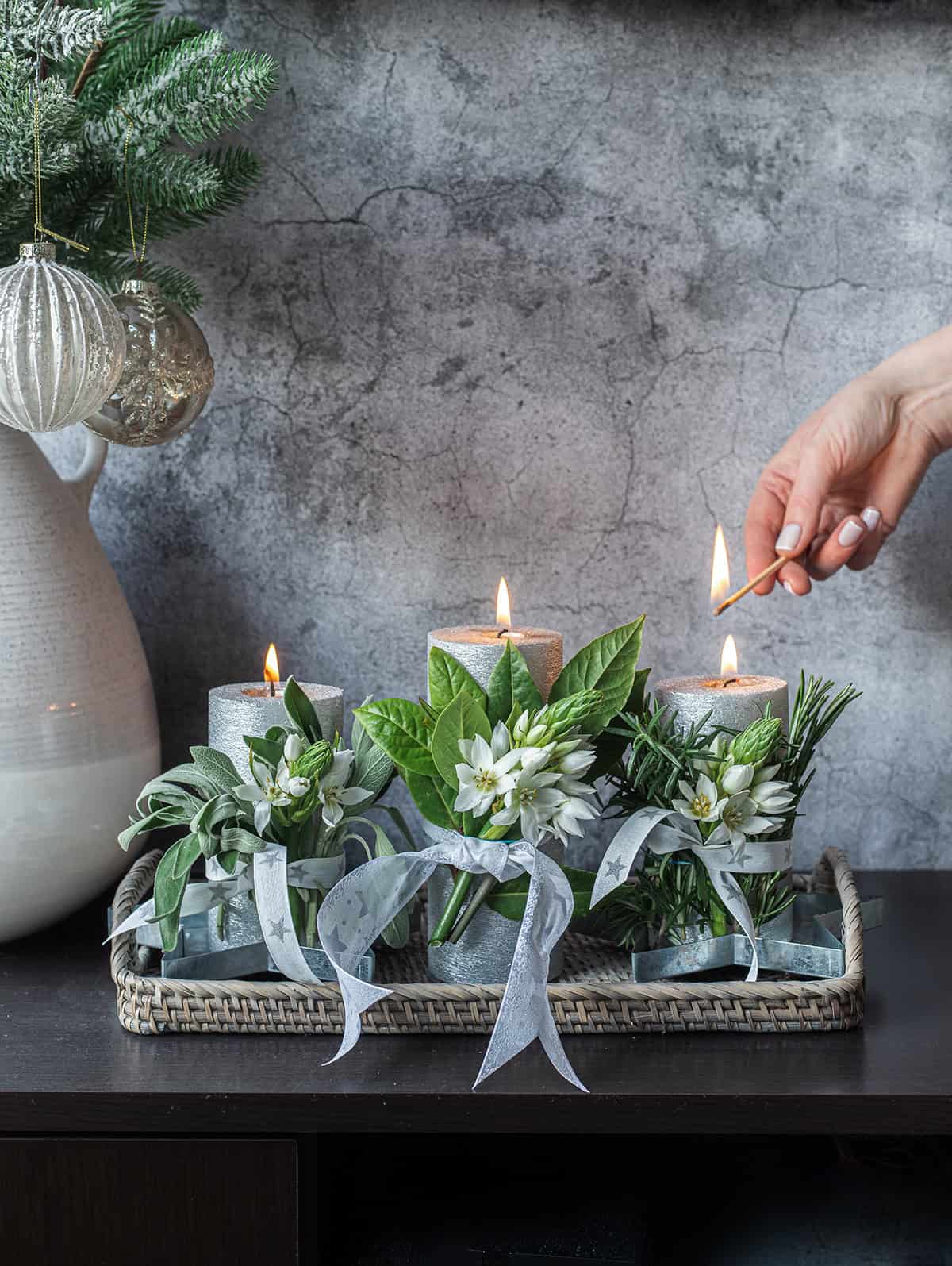 Silver Candles with White Flowers