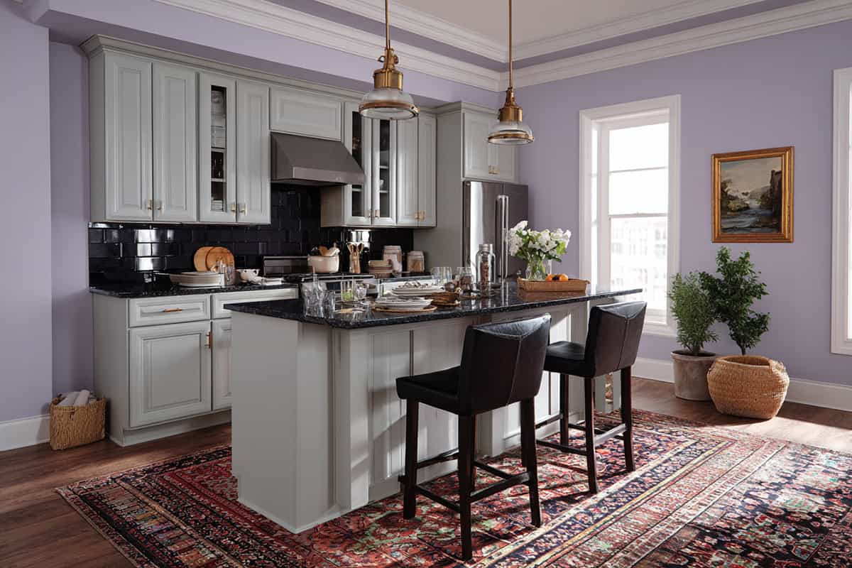 Soft Lavender Walls and Pale Gray Cabinets