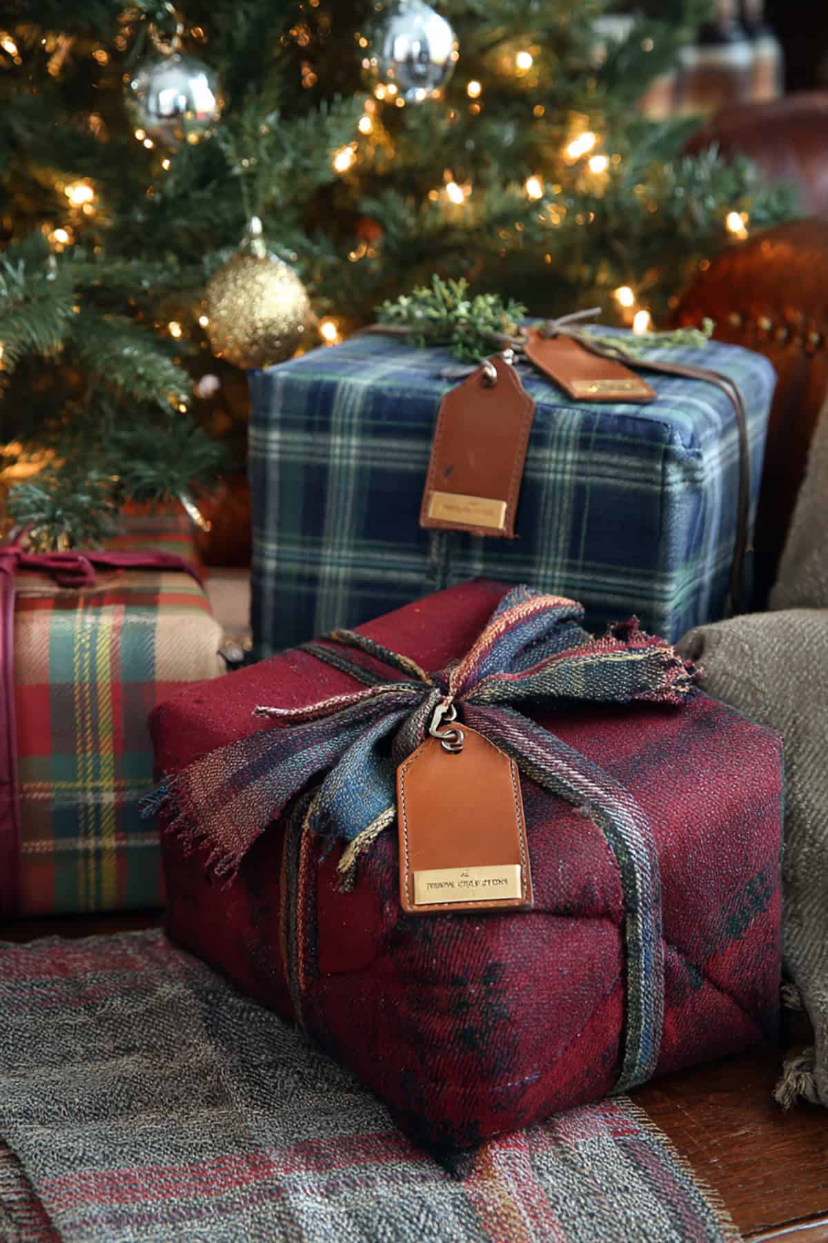 Tartan Blanket Wrap With Leather Tag