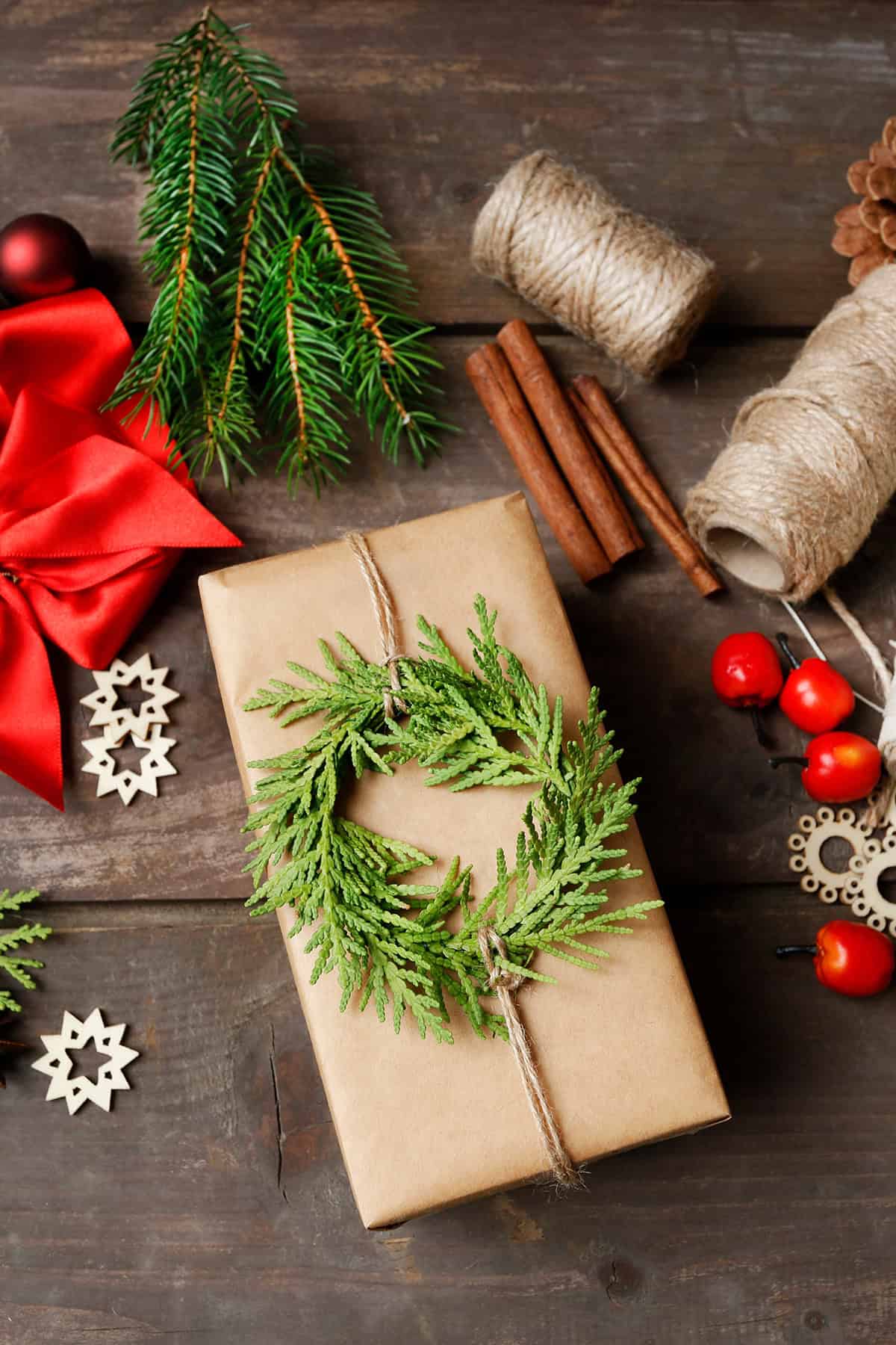 Tiny Cedar Wreath on Kraft