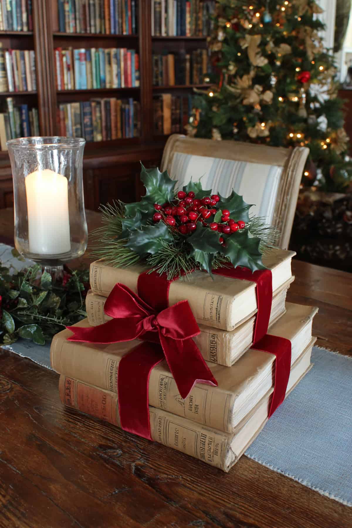 Vintage Book Stack with Holiday Garland