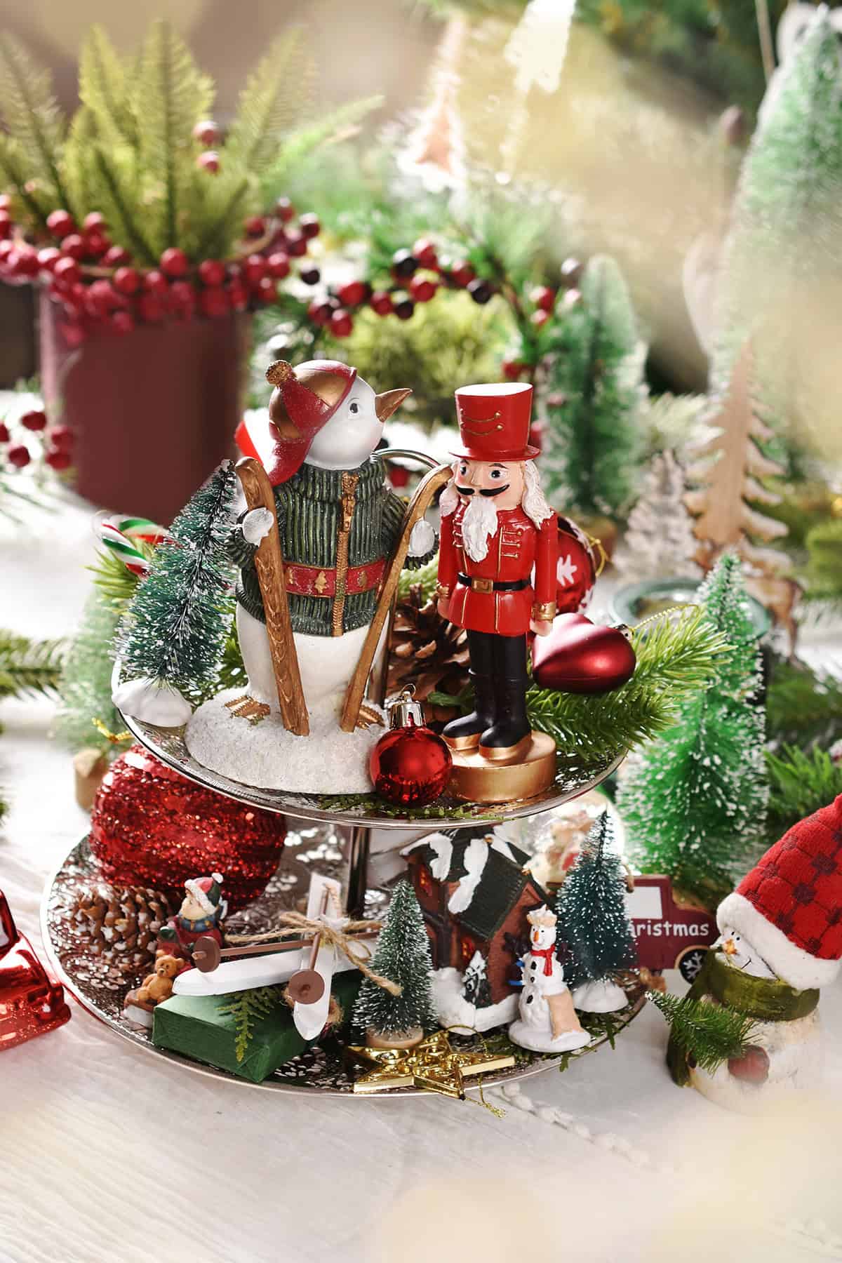 Vintage Christmas Scene with Nutcracker & Snowman