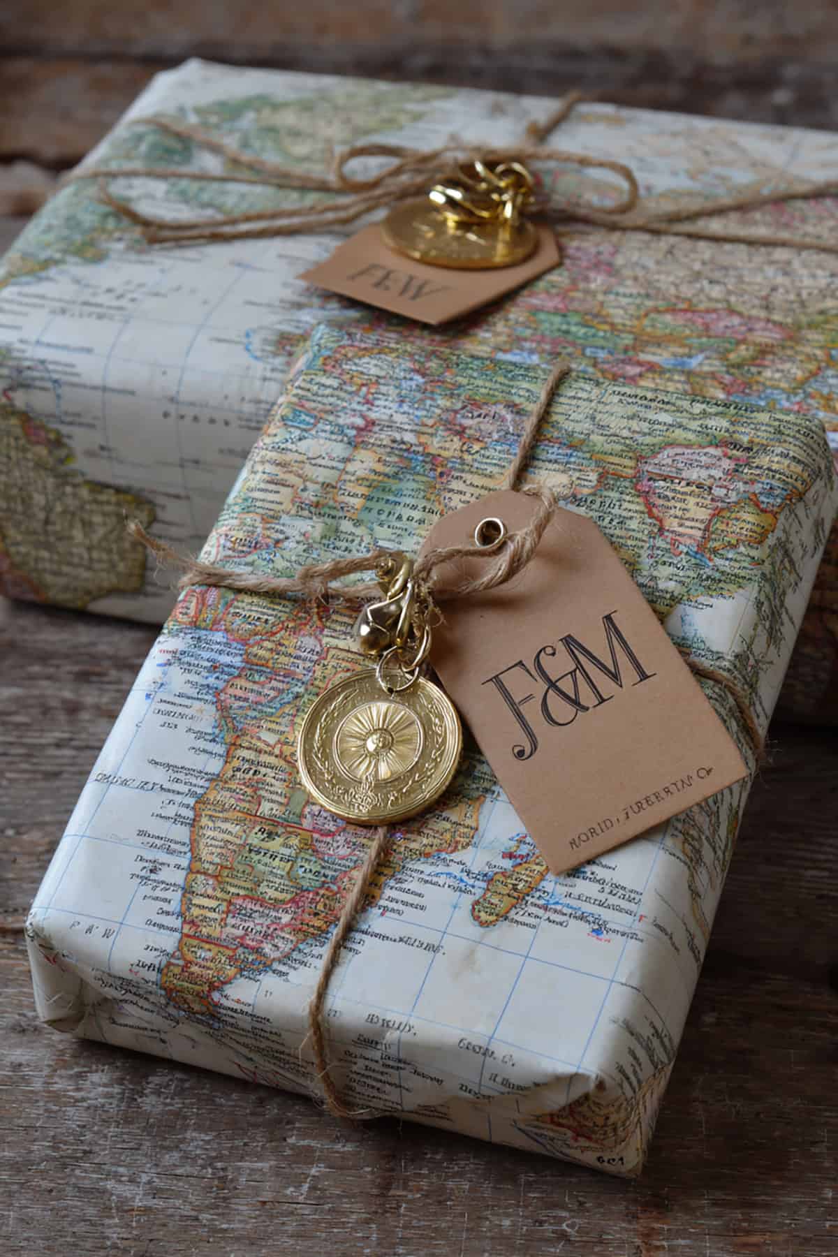 Vintage map wrap with luggage tag