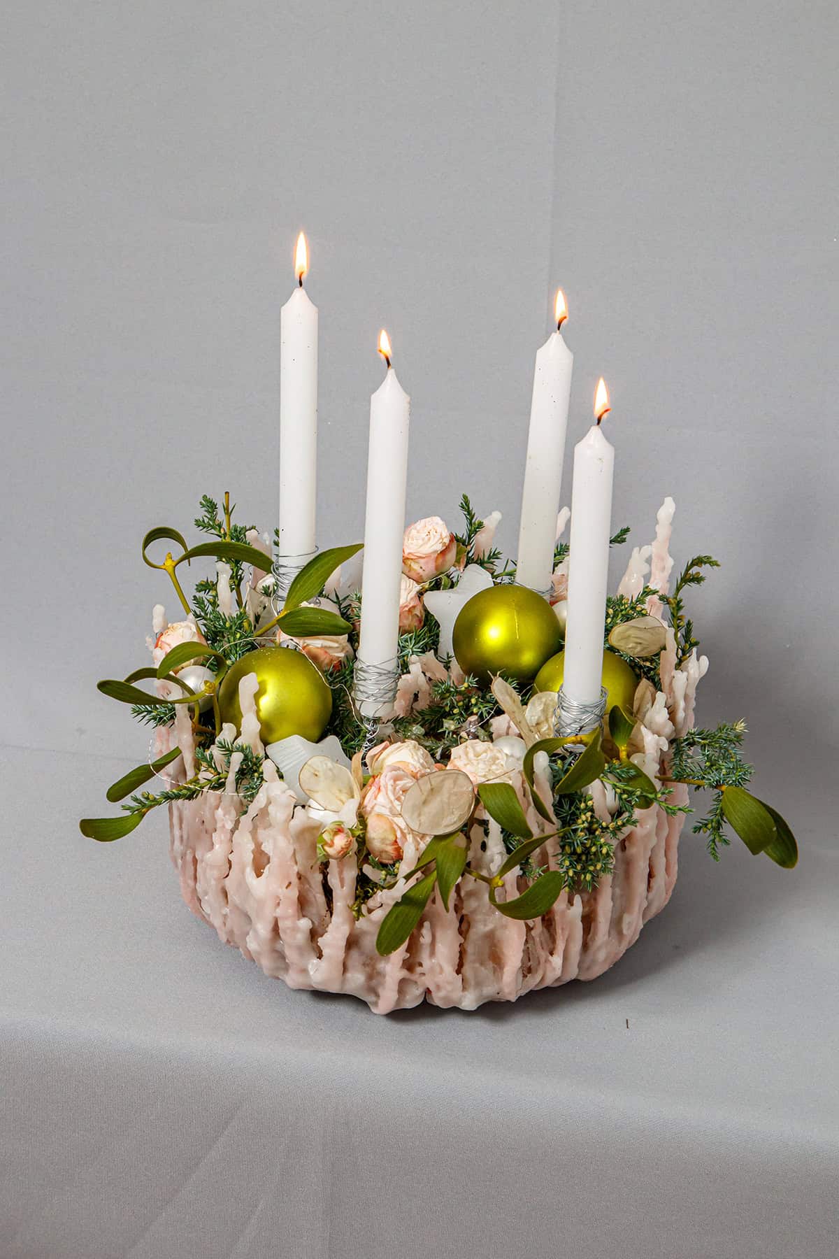 White Candle Ring with Green Ornaments