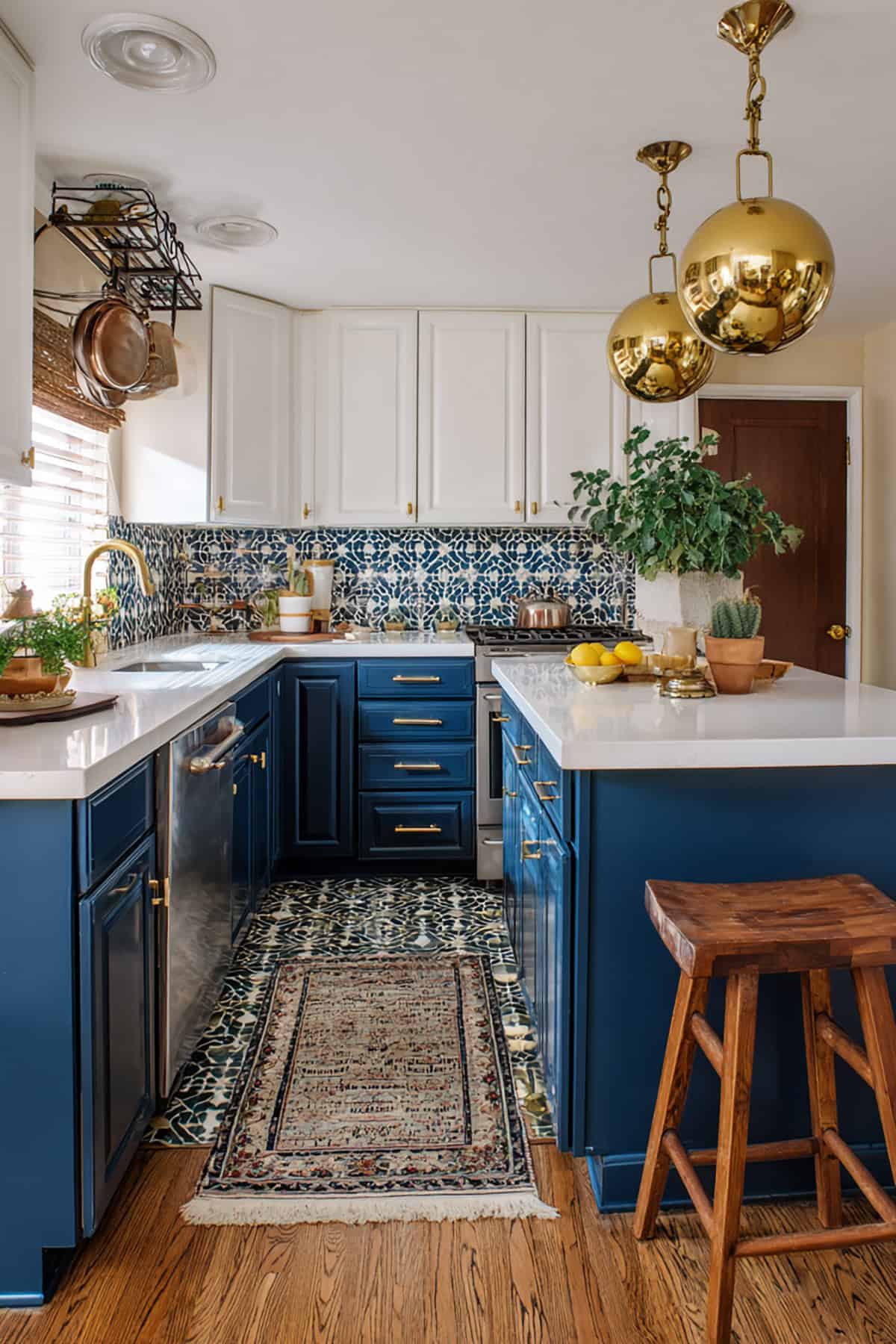 Bold Tile Backsplash Small L Shaped Kitchen with Island