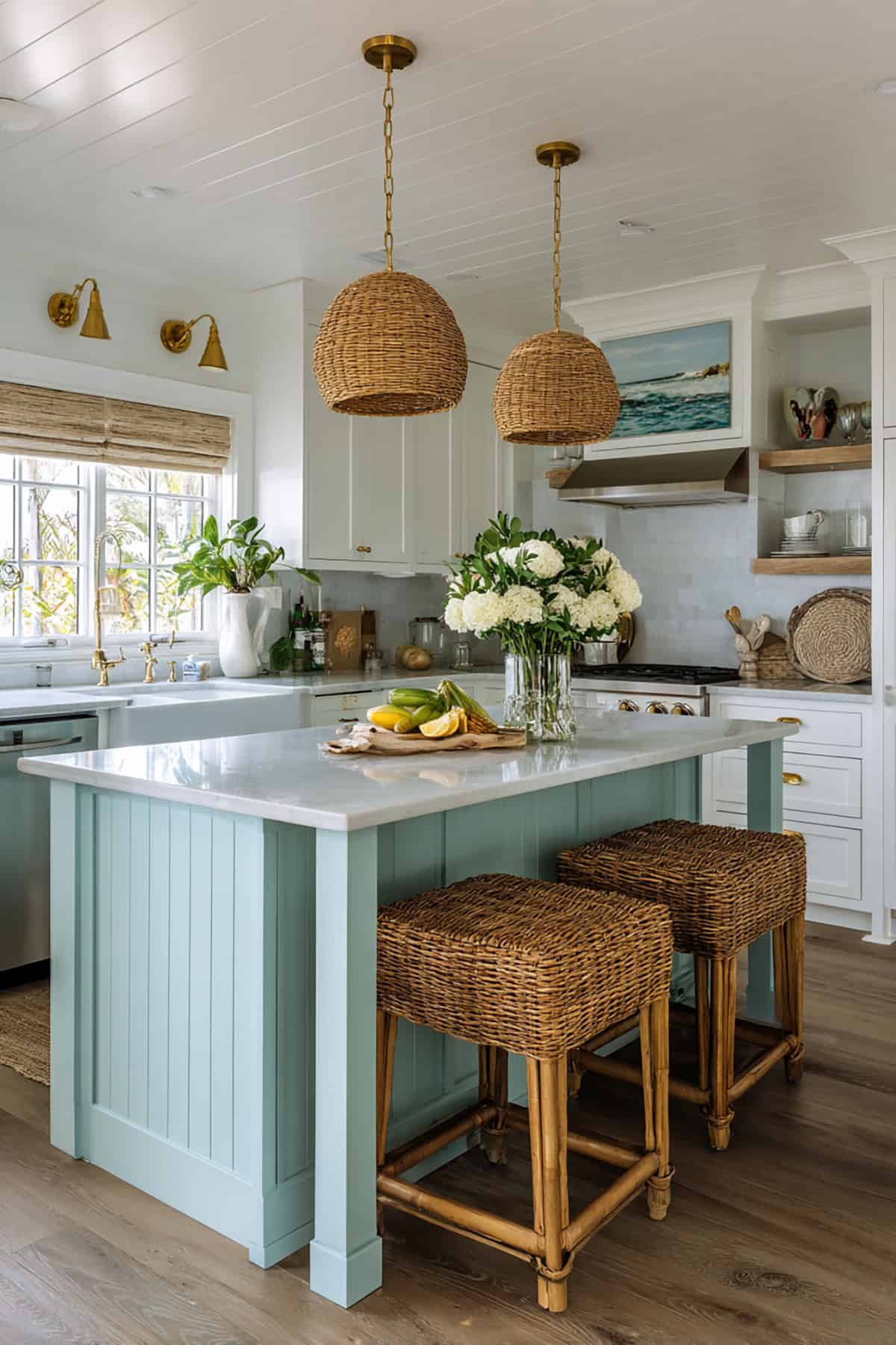 Coastal Cottage L Shaped Kitchen with Island Seating
