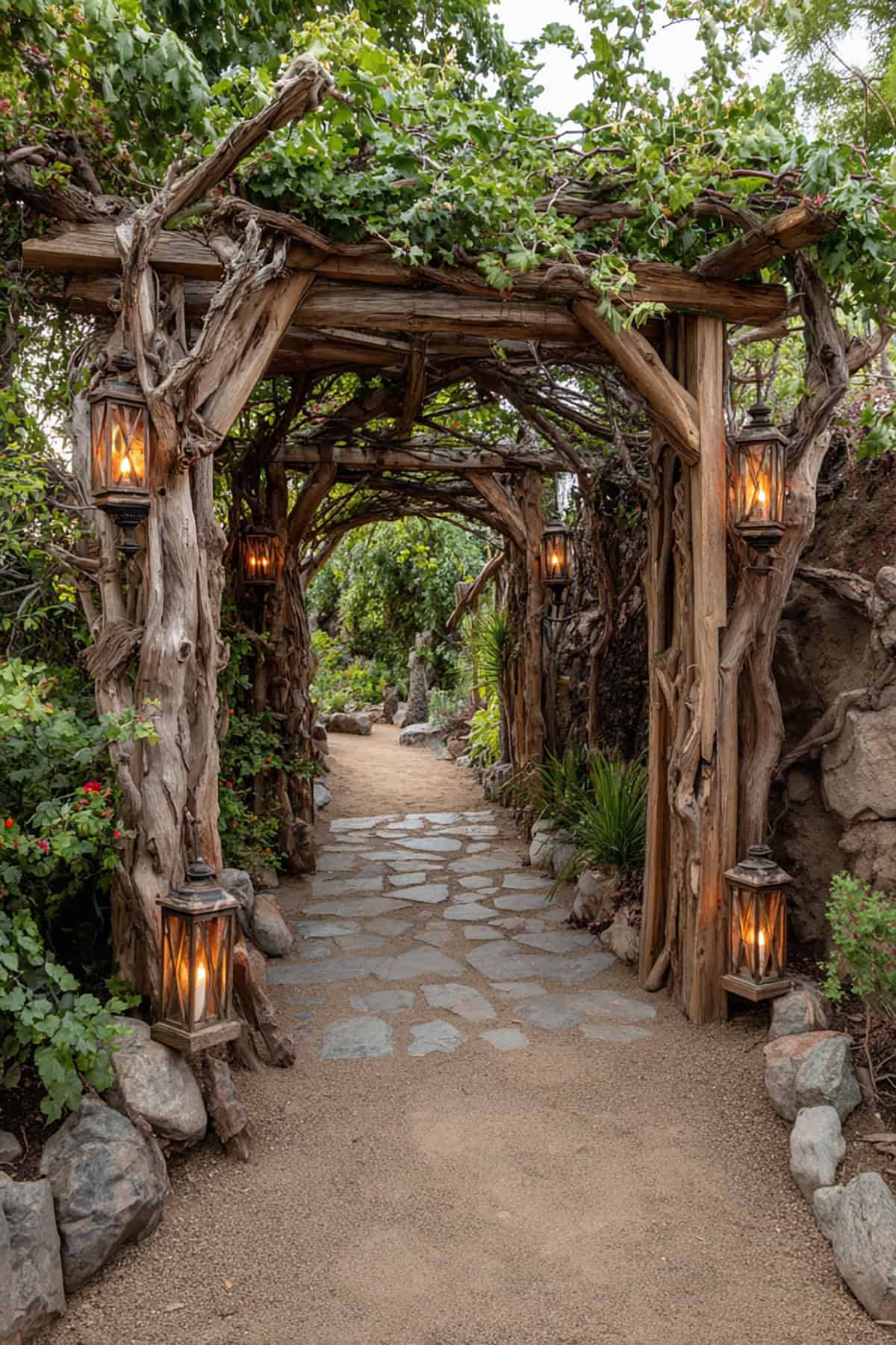 Driftwood Tunnel Gate With Lanterns