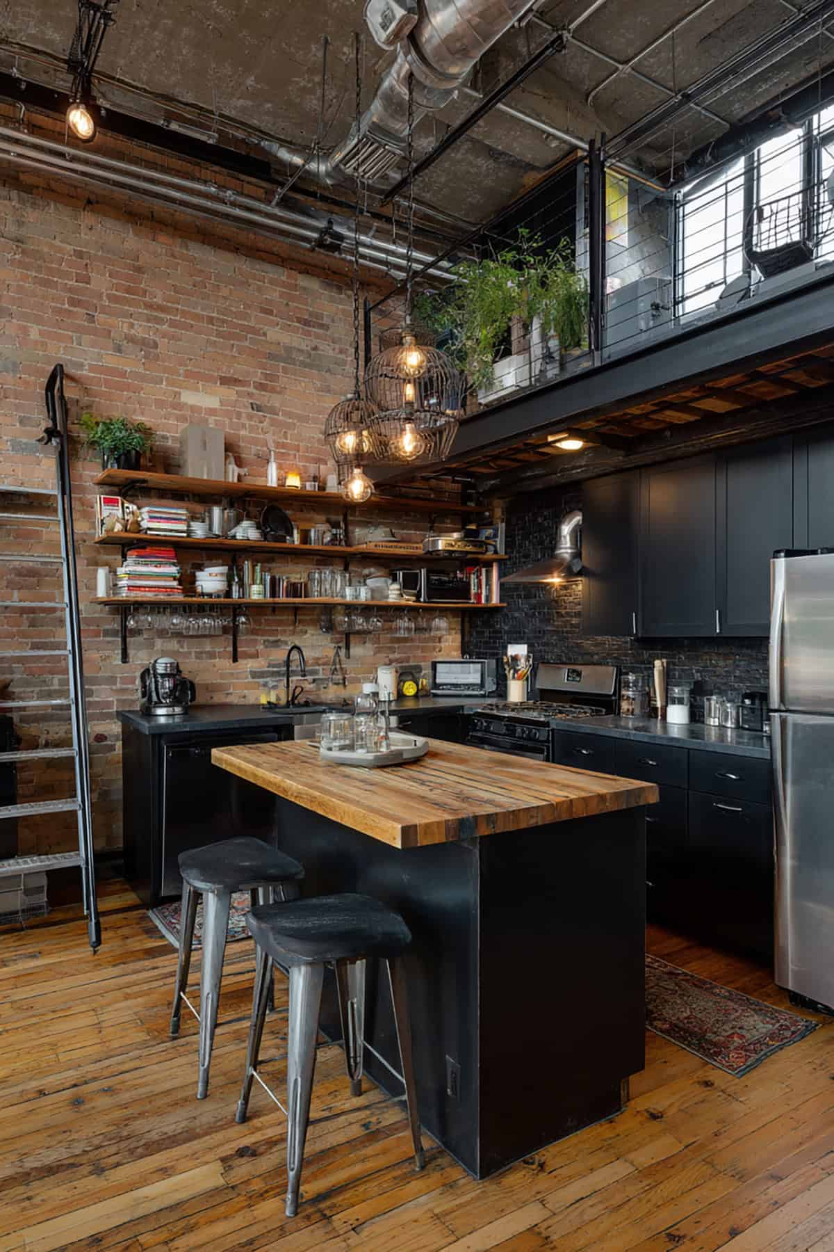 Industrial Loft Style Small L Shaped Kitchen with Mini Island