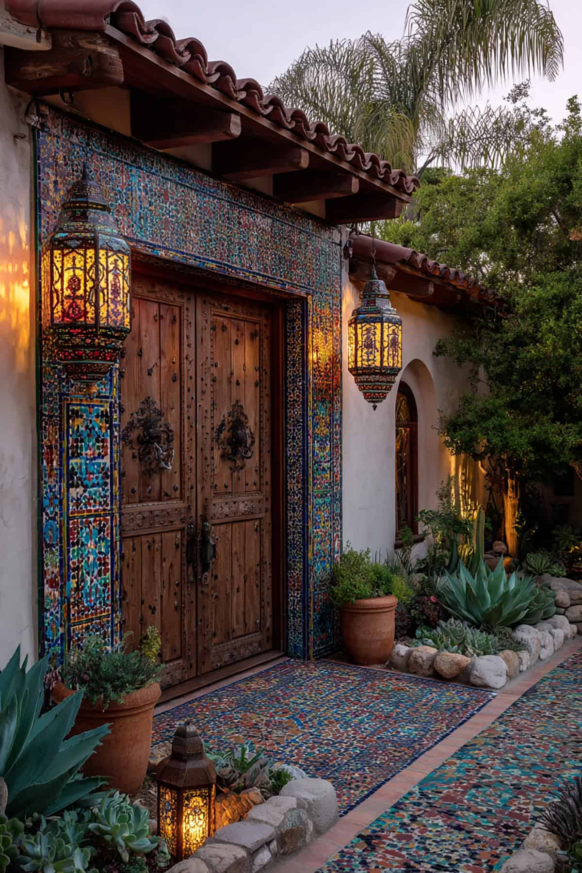 Mosaic Tile Door With Hanging Lanterns