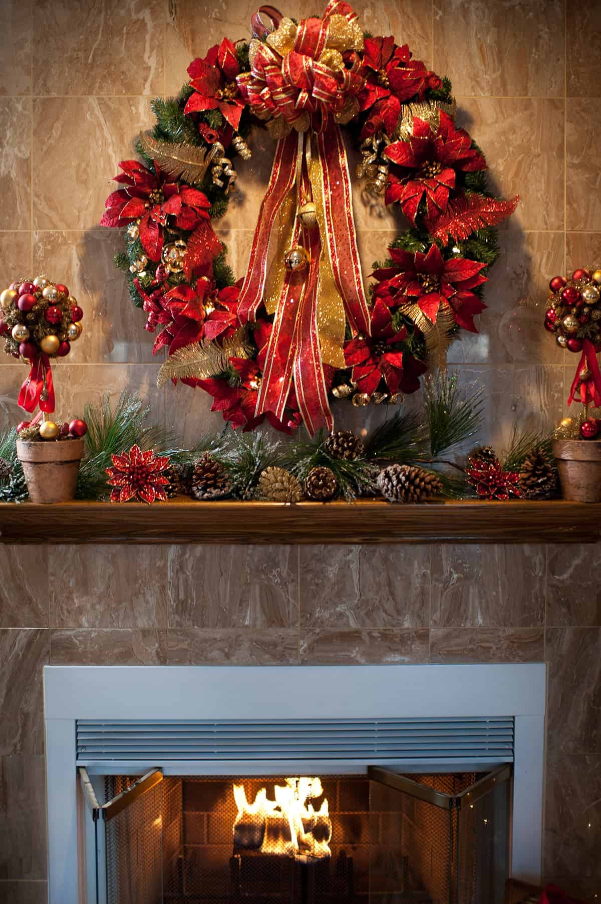 Oversized Wreath with Red and Gold Mantel