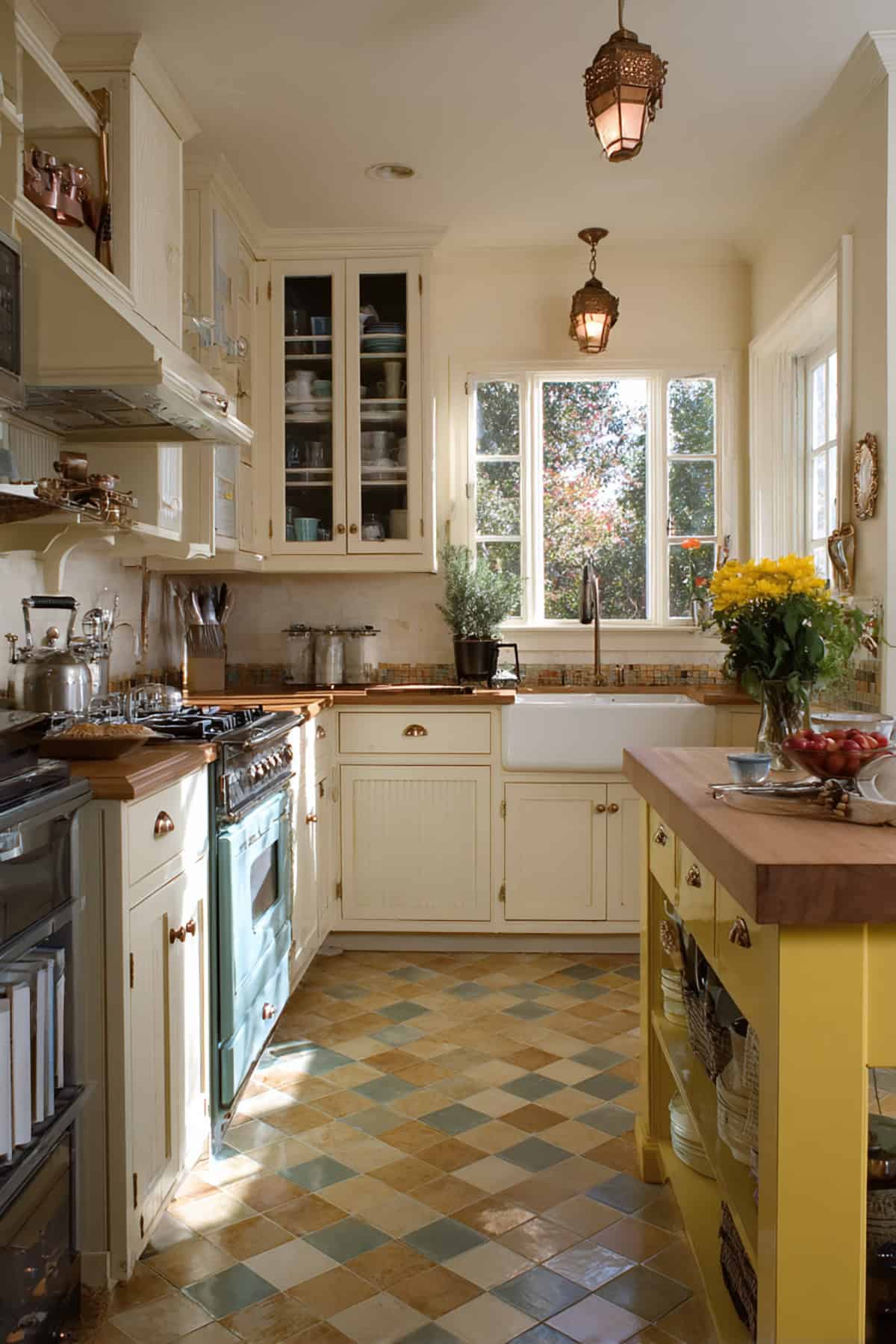 Painted Island in a Tiny Cottage Kitchen